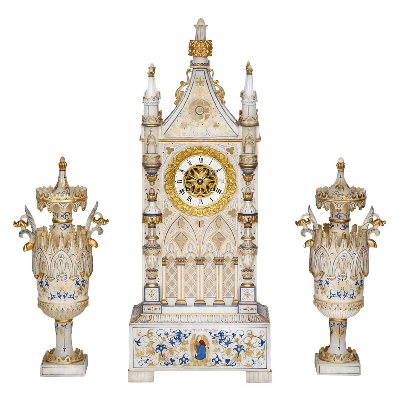 Three Piece Alabaster Clock Garniture in the Form of a Neo-Gothic Cathedral