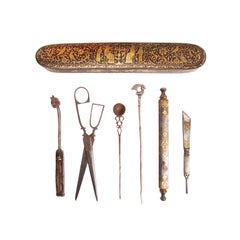 Persian Qajar Period Iron Pen Box with Gold Inlay and Instruments