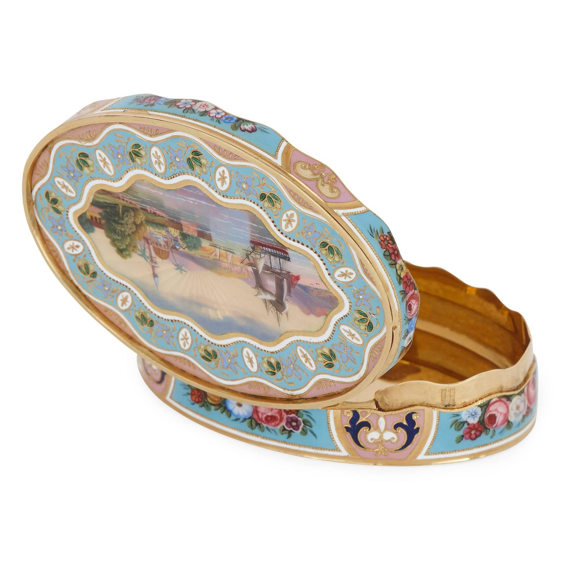 Gold Swiss solid gold snuff box with enameled decorations
