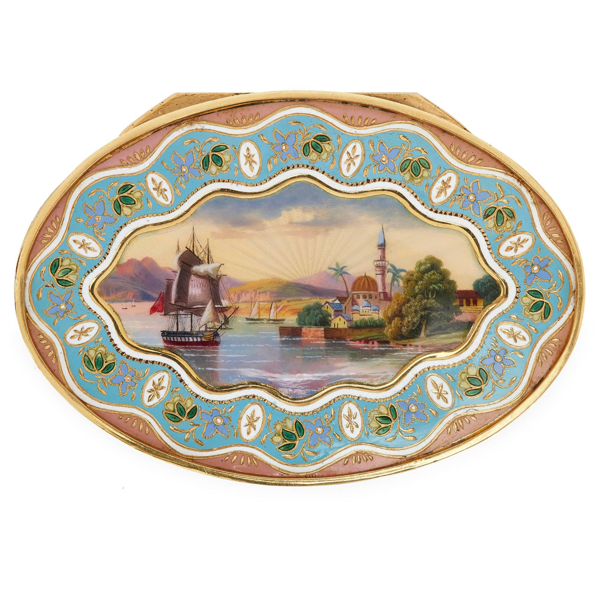 This beautiful, rare snuff box is an exceptional piece of craftsmanship: built from solid gold, the oval-shaped box features detailed enameled decorations all over its exterior. The underside and sides of the box are decorated with finely detailed