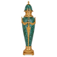Pair of French Gilt Bronze Mounted Malachite Vases