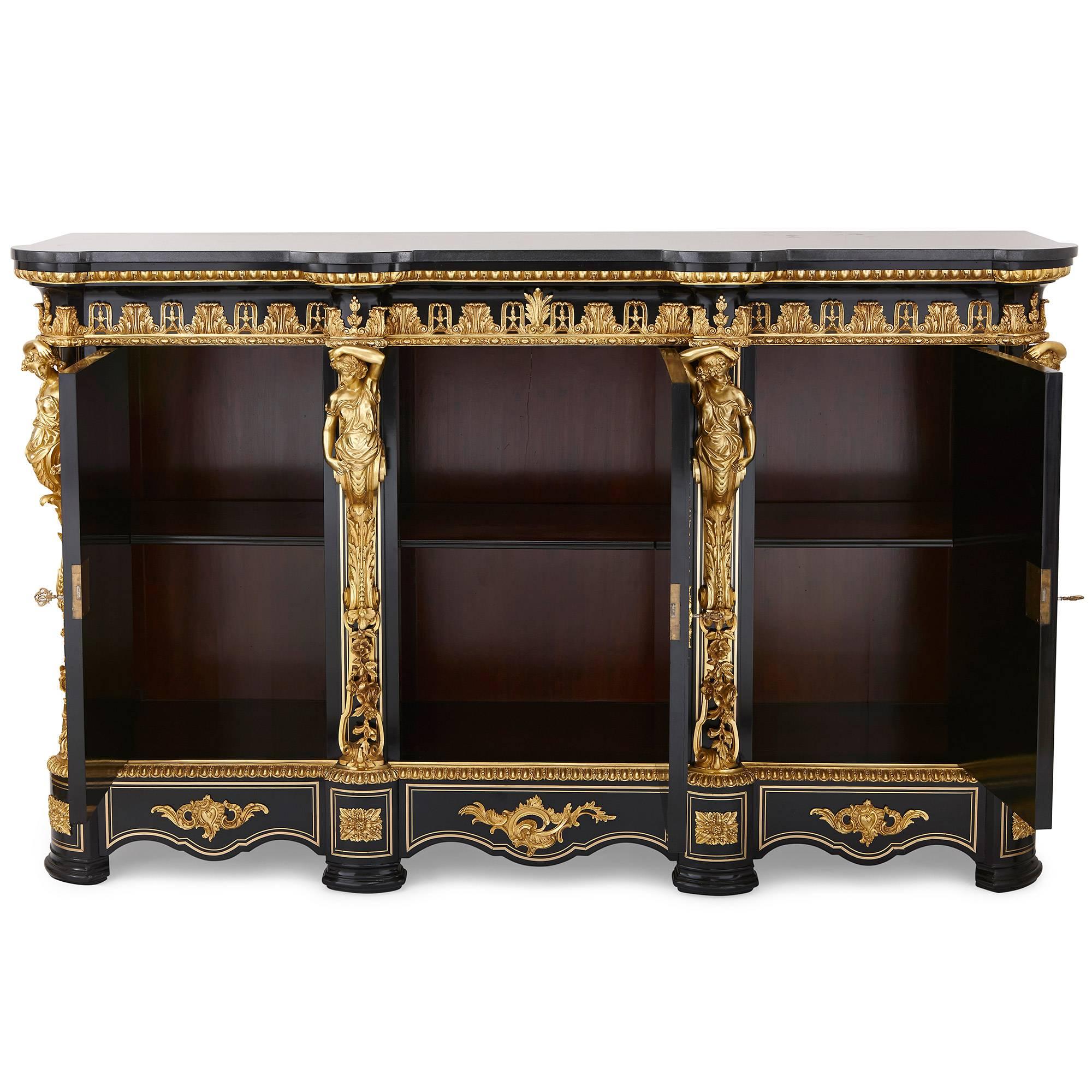 Ormolu Pair of Boulle Marquetry and Ebonized Wood Antique Cabinets by Maison Krieger