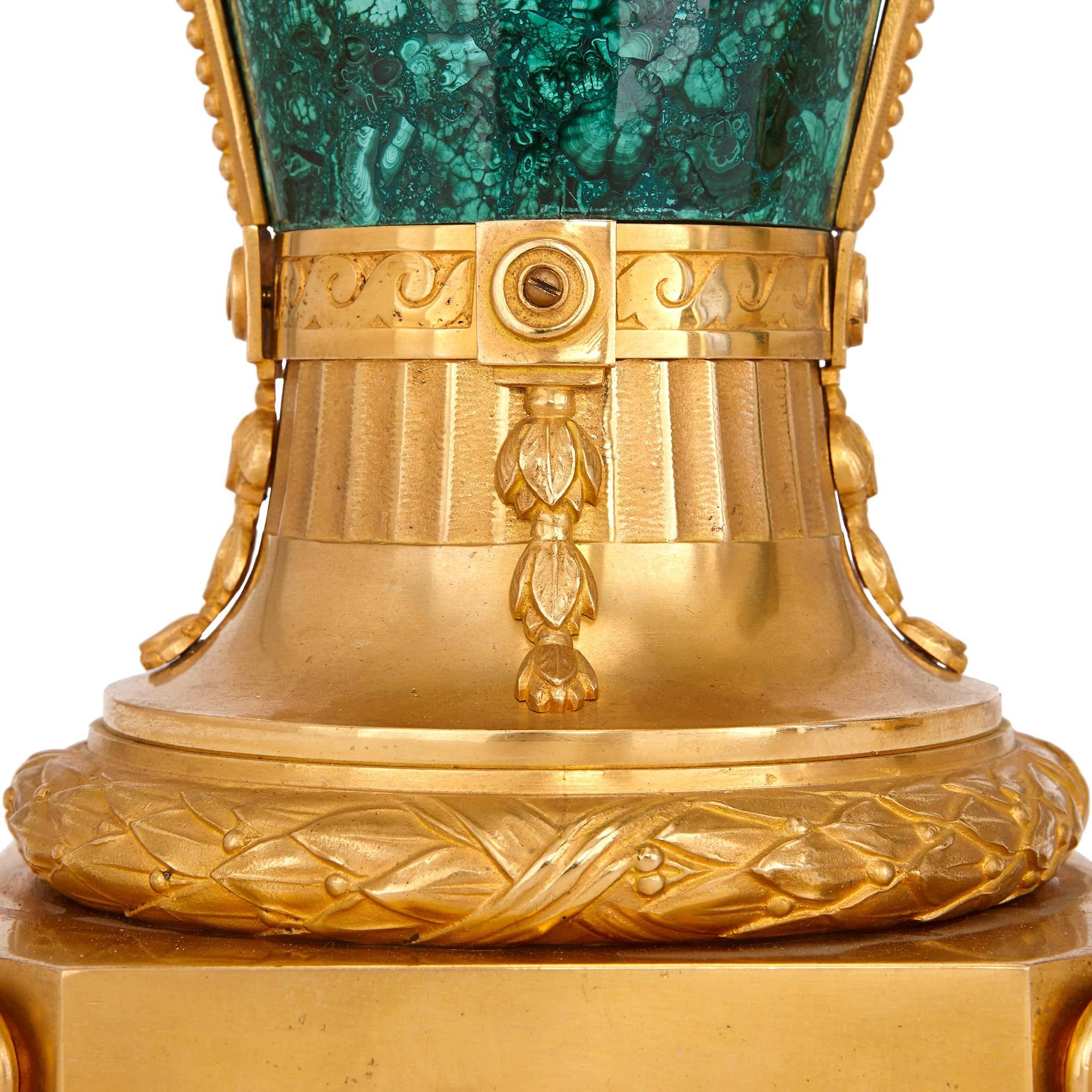 Pair of French Gilt Bronze Mounted Malachite Vases 1