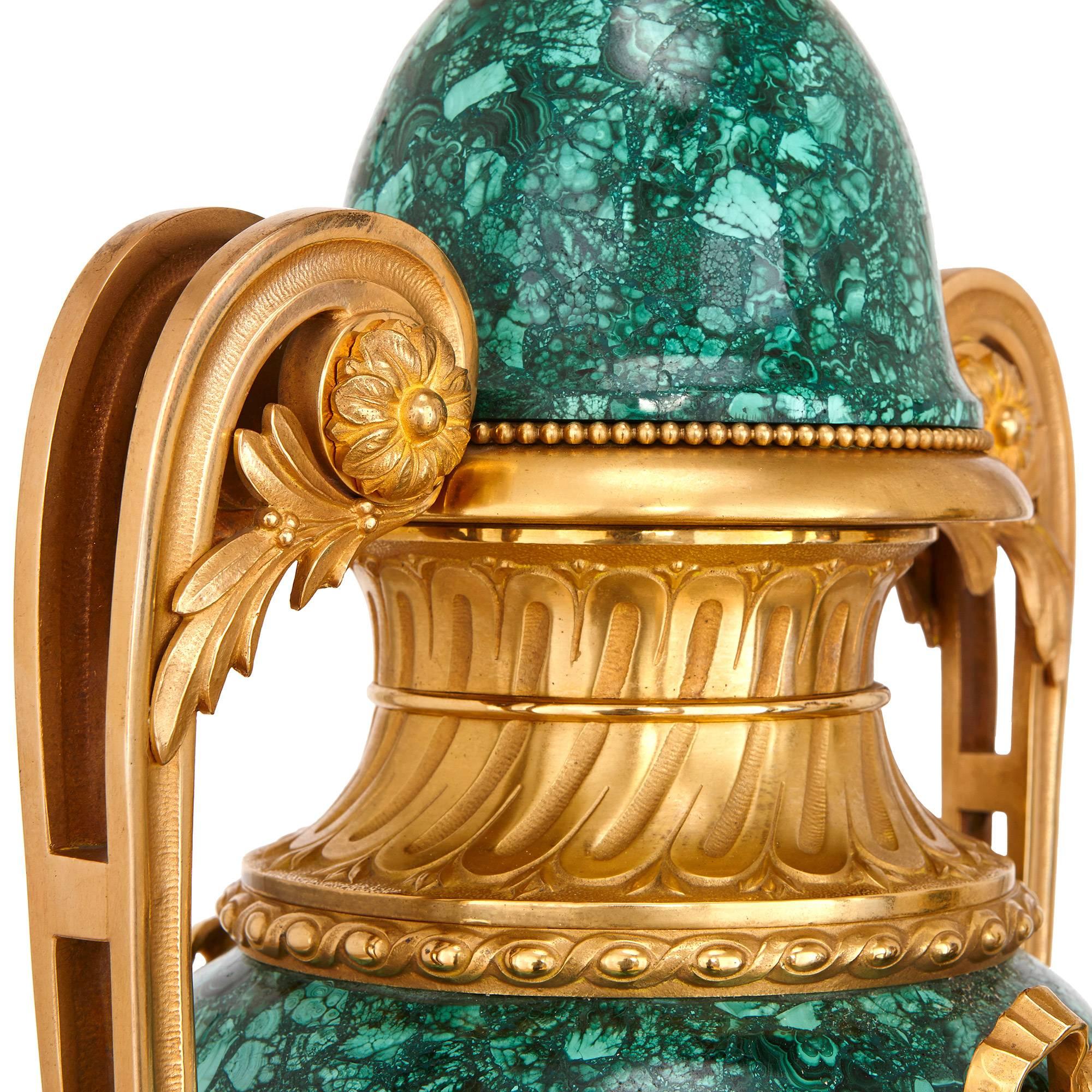Pair of French Gilt Bronze Mounted Malachite Vases In Excellent Condition In London, GB