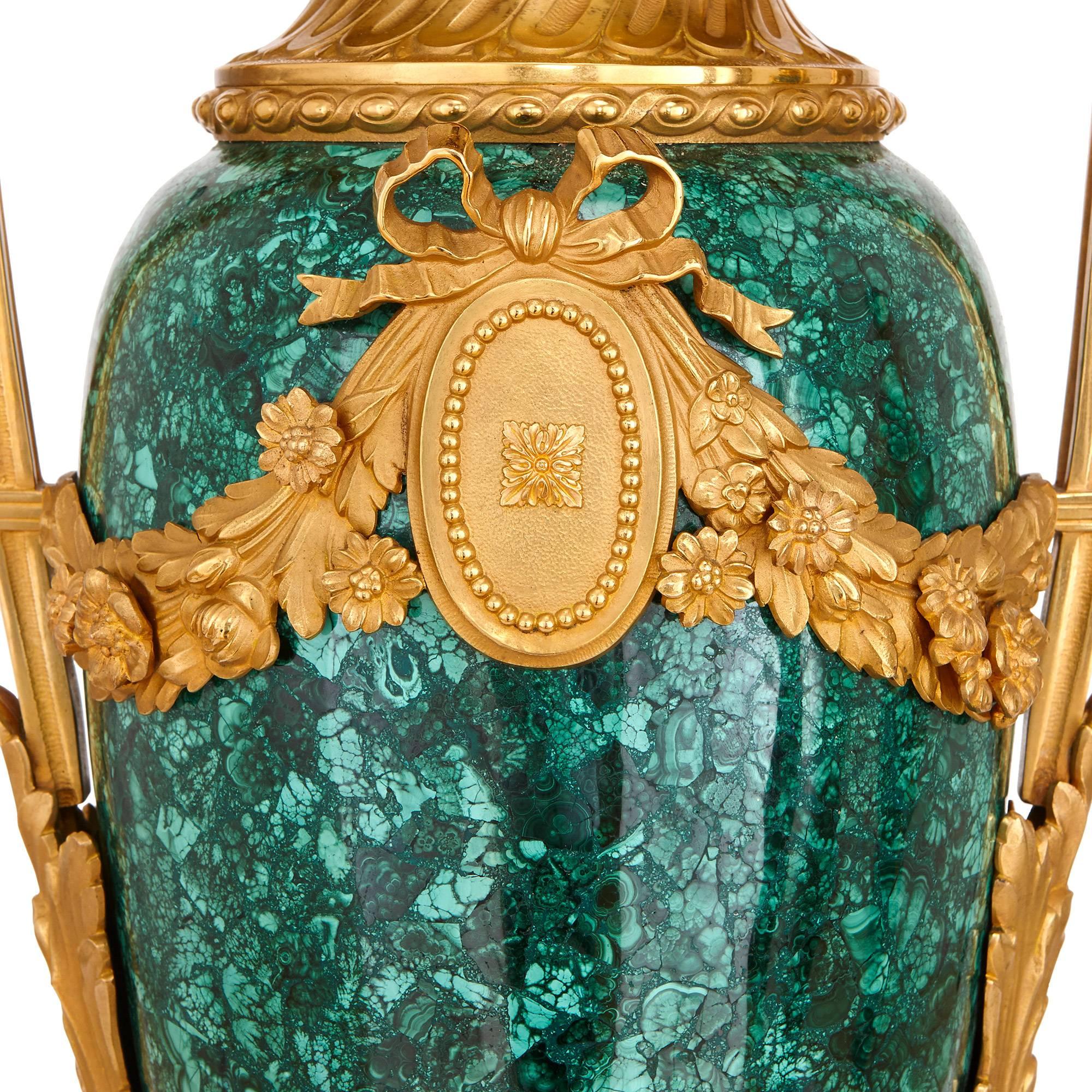 Neoclassical Pair of French Gilt Bronze Mounted Malachite Vases