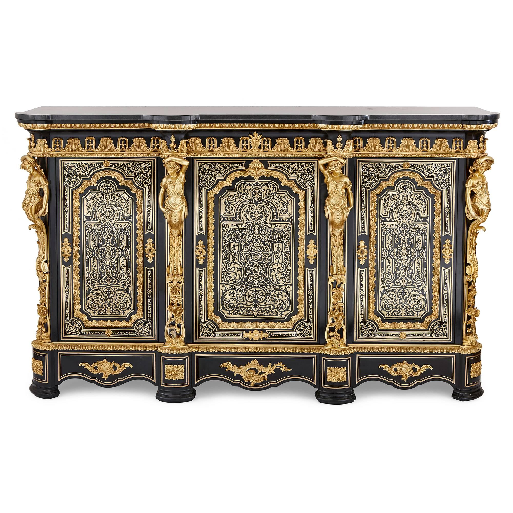 Pair of Boulle Marquetry and Ebonized Wood Antique Cabinets by Maison Krieger In Excellent Condition In London, GB