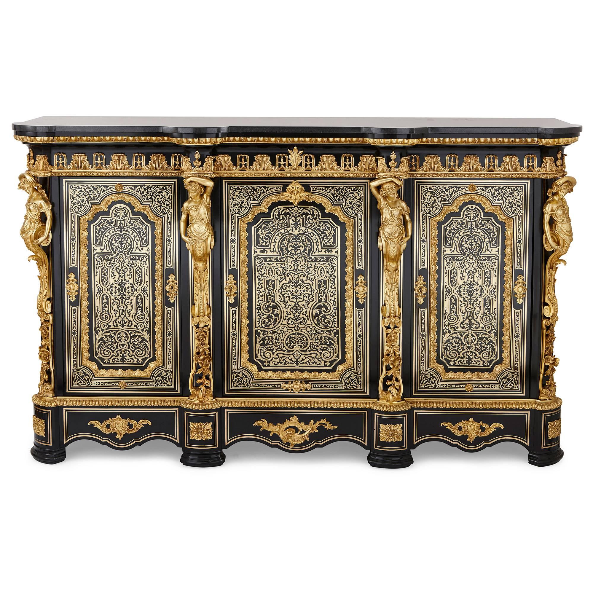French Pair of Boulle Marquetry and Ebonized Wood Antique Cabinets by Maison Krieger