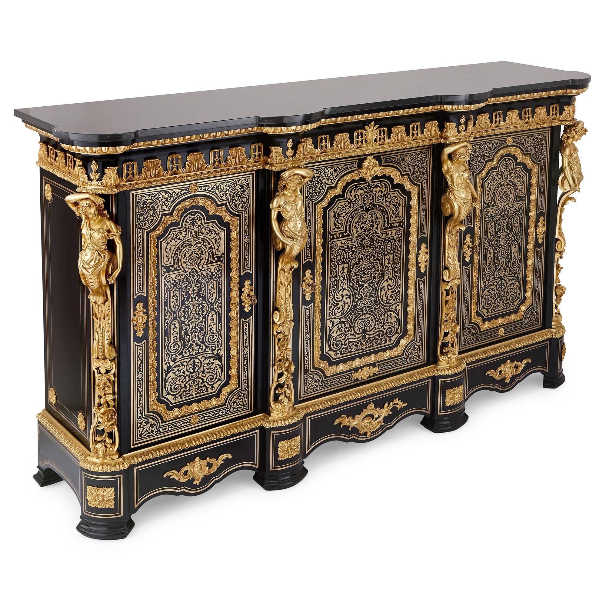 Baroque Pair of Boulle Marquetry and Ebonized Wood Antique Cabinets by Maison Krieger