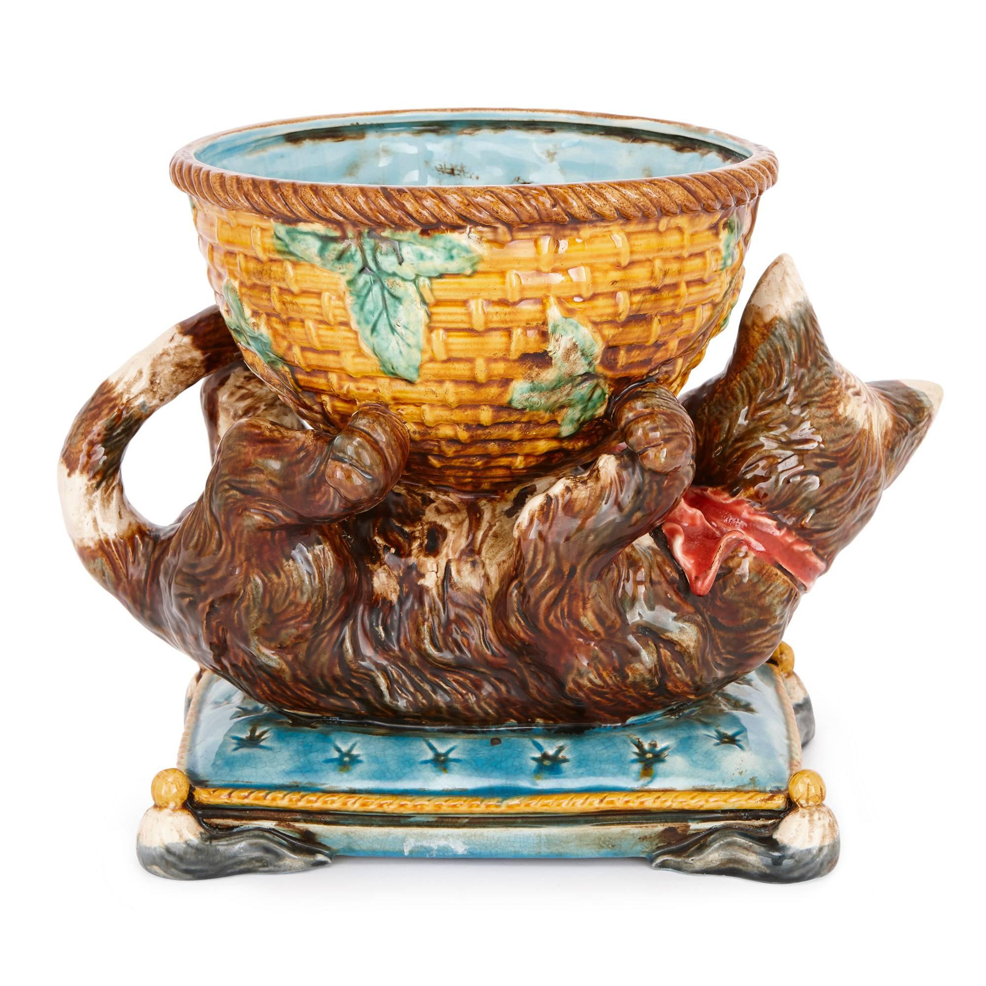 French Antique Majolica Bowl with Cat by Jerome Massier