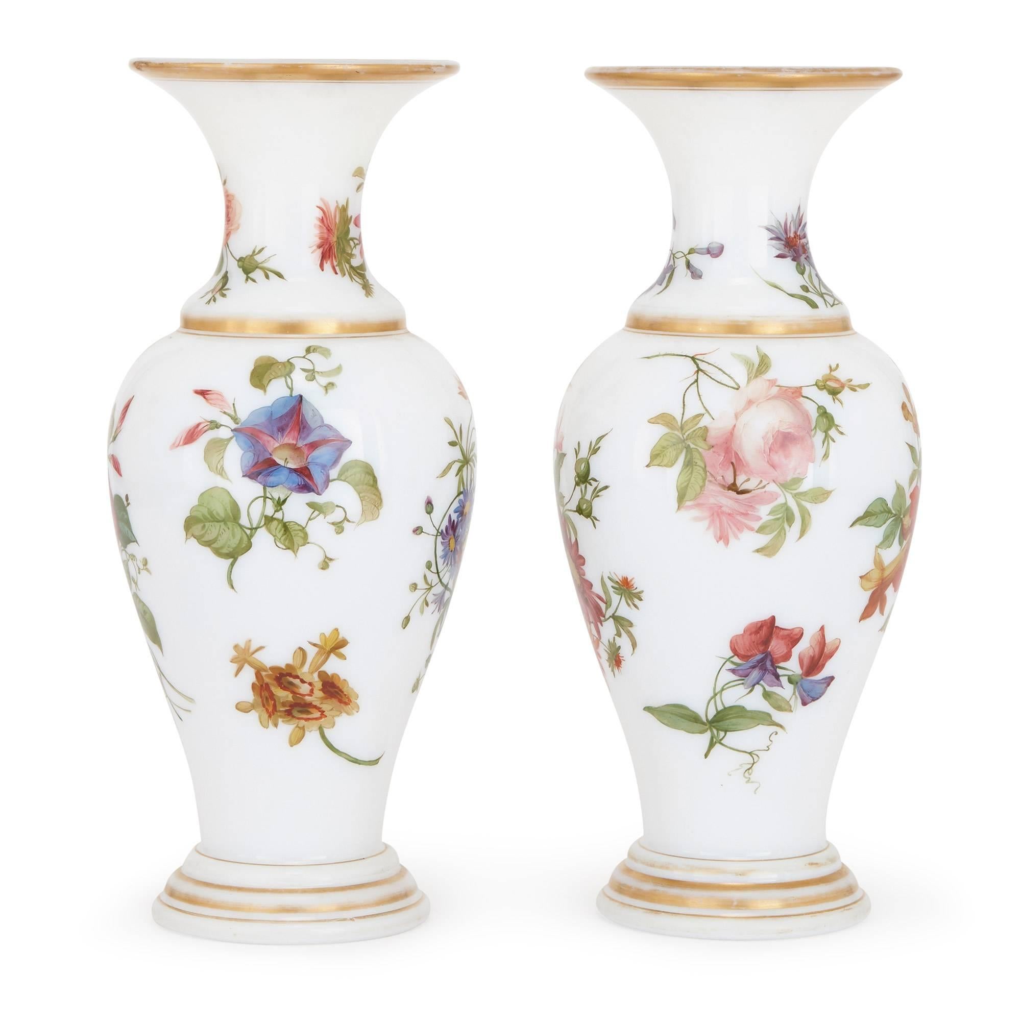 French Pair of Floral Opaline Glass Vases Attributed to Baccarat