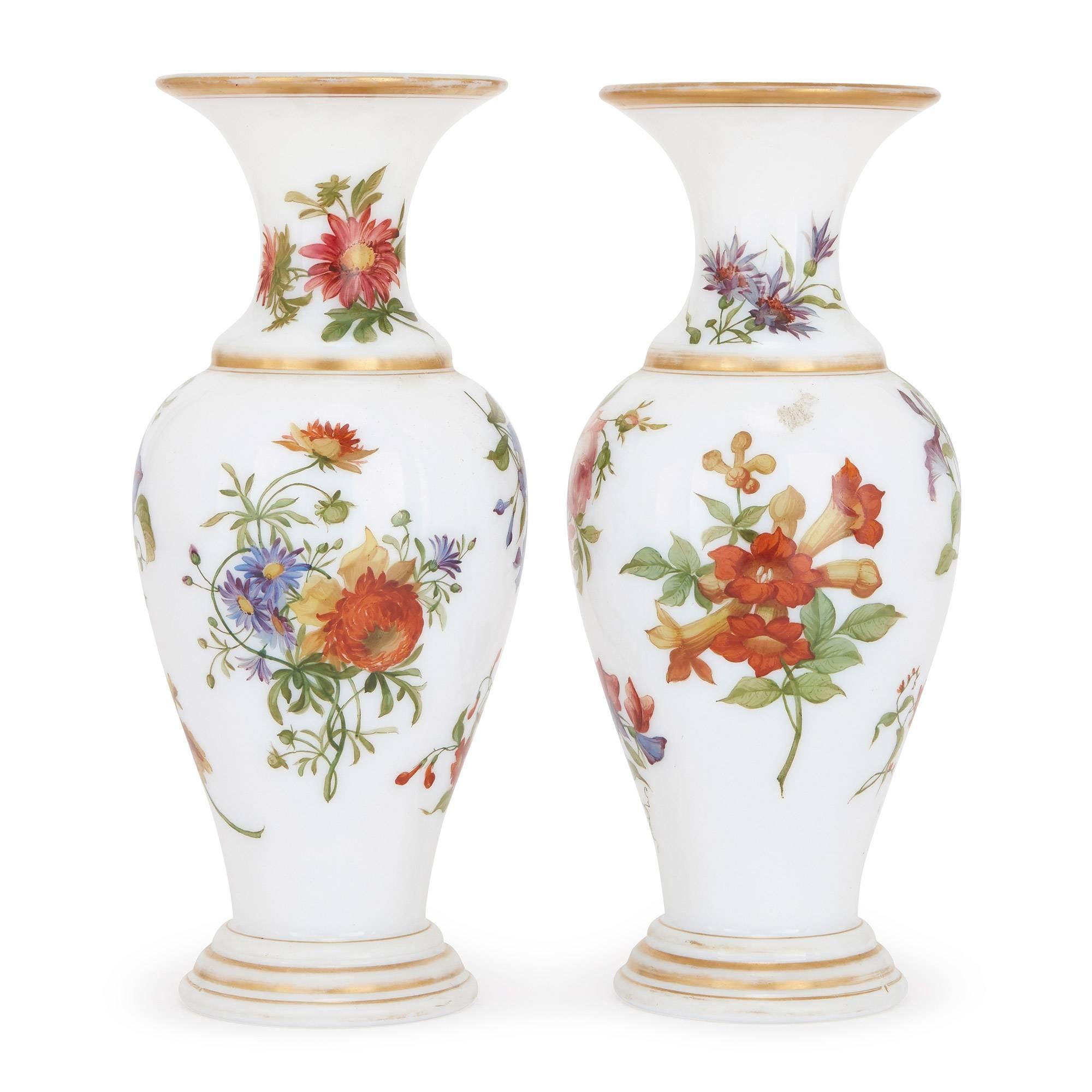Belle Époque Pair of Floral Opaline Glass Vases Attributed to Baccarat