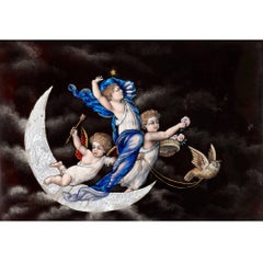 19th Century Limoges Enamel Plaque Depicting Cherubs in the Night Sky