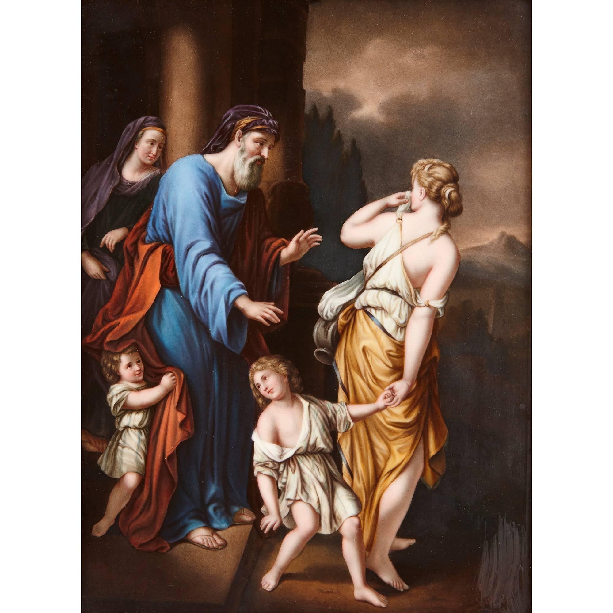 This fine KPM porcelain plaque depicts the biblical story of the expulsion of Hagar by Abraham. Abraham is shown bearded in a blue robe, as he casts away his mistress Hagar and her son Ishmael upon the instruction of his wife Sarah. Sarah watches on