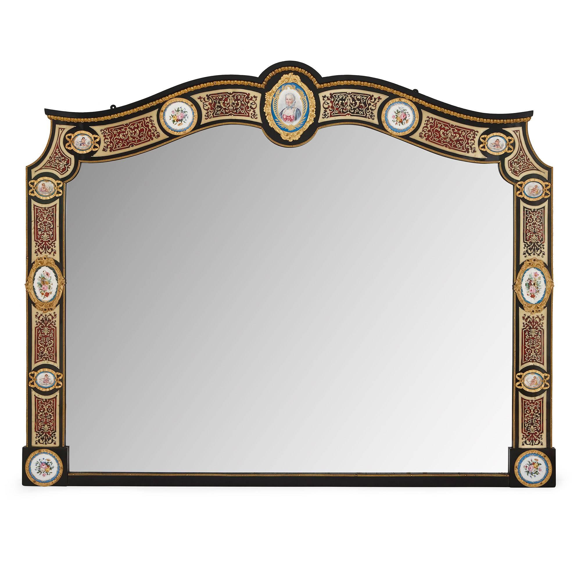 Antique French Sevres Style Porcelain and Boulle Marquetry Mirror