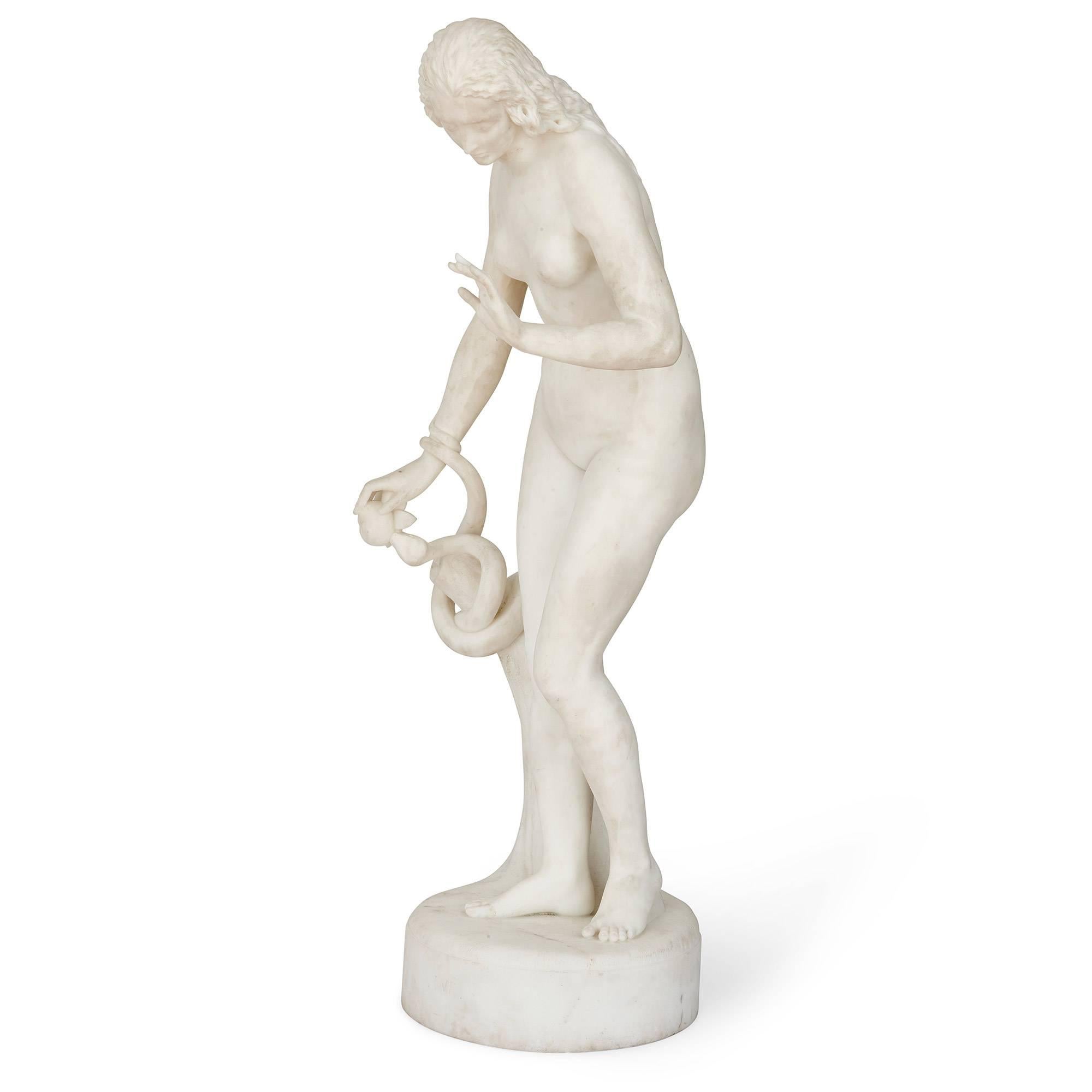 This fantastic sculpture depicts the famous story of the Original Sin, Eve's acquiescence to temptation by eating the forbidden fruit from the tree of knowledge of good and evil. Full of pathos and emotional energy, the sculpted white marble figure