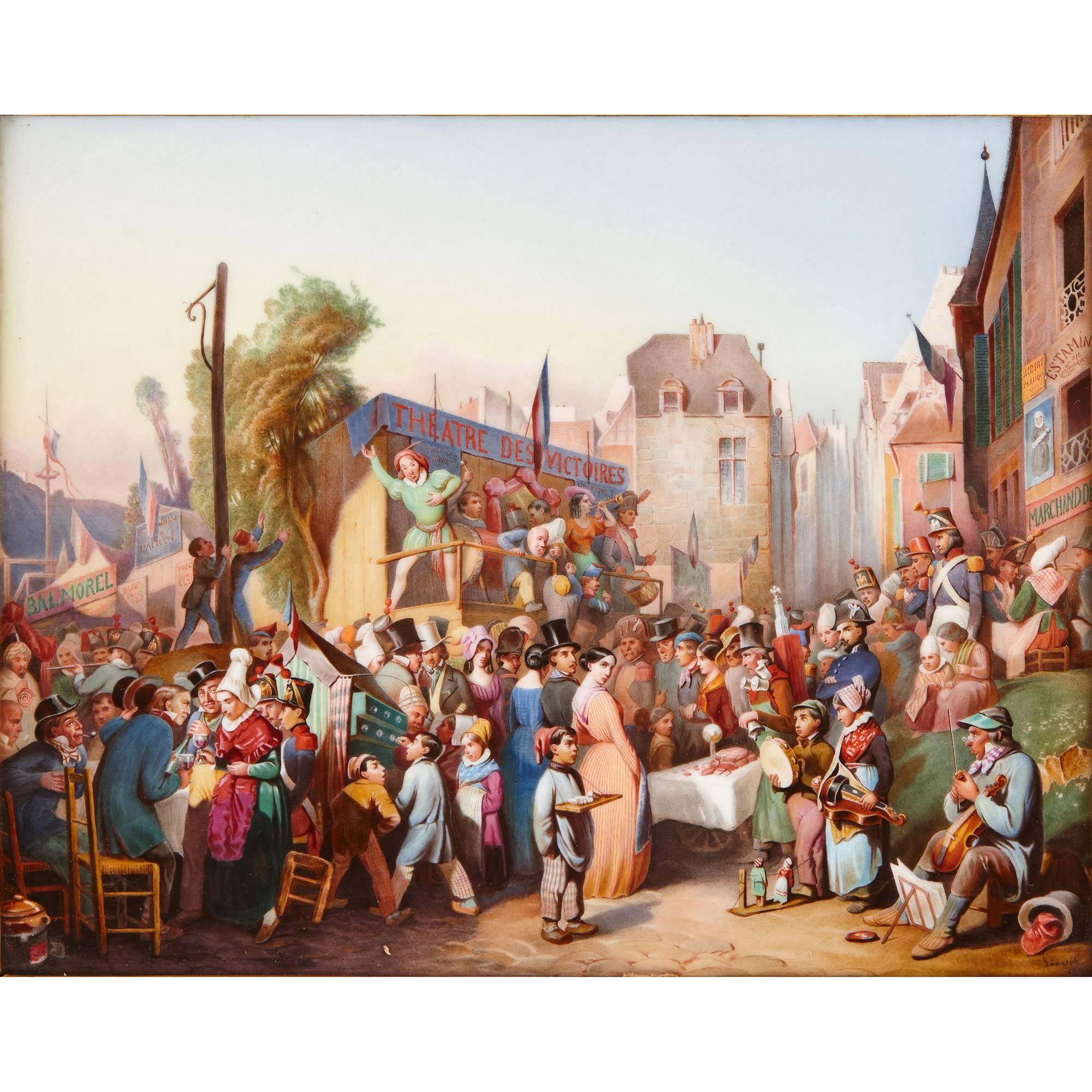 The 1844 summer market in the town of Lengerich, in the western German province of Westphalia, is the subject of this antique KPM porcelain plaque, making it an interesting piece of social history as well as a beautiful decorative piece. The scene
