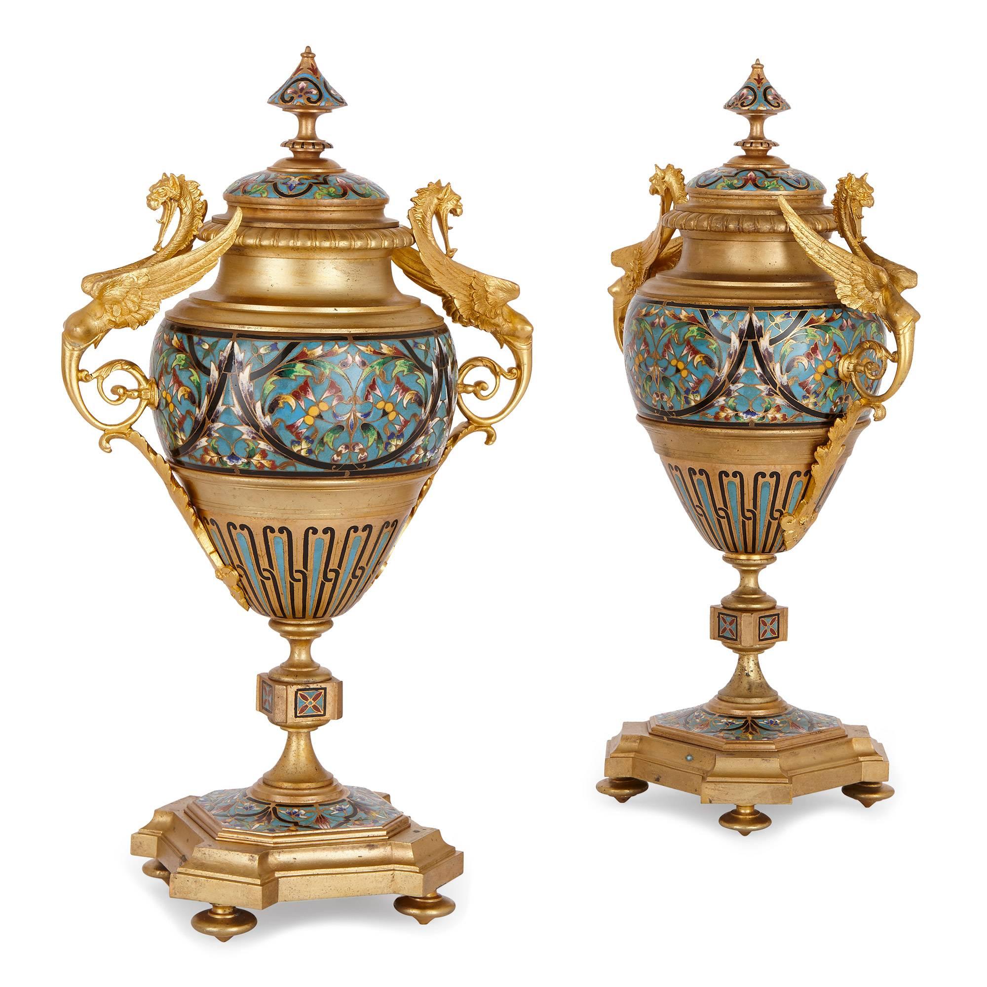 Antique French Neoclassical Style Ormolu and Cloisonne Enamel Clock Set For Sale 2