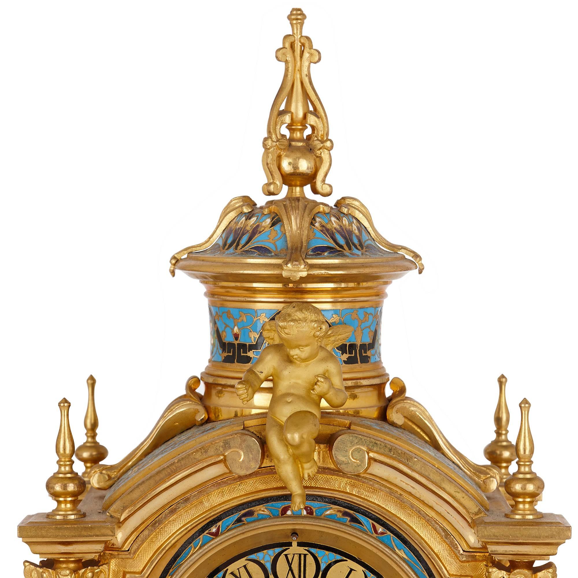 Cloissoné Antique French Neoclassical Style Ormolu and Cloisonne Enamel Clock Set For Sale