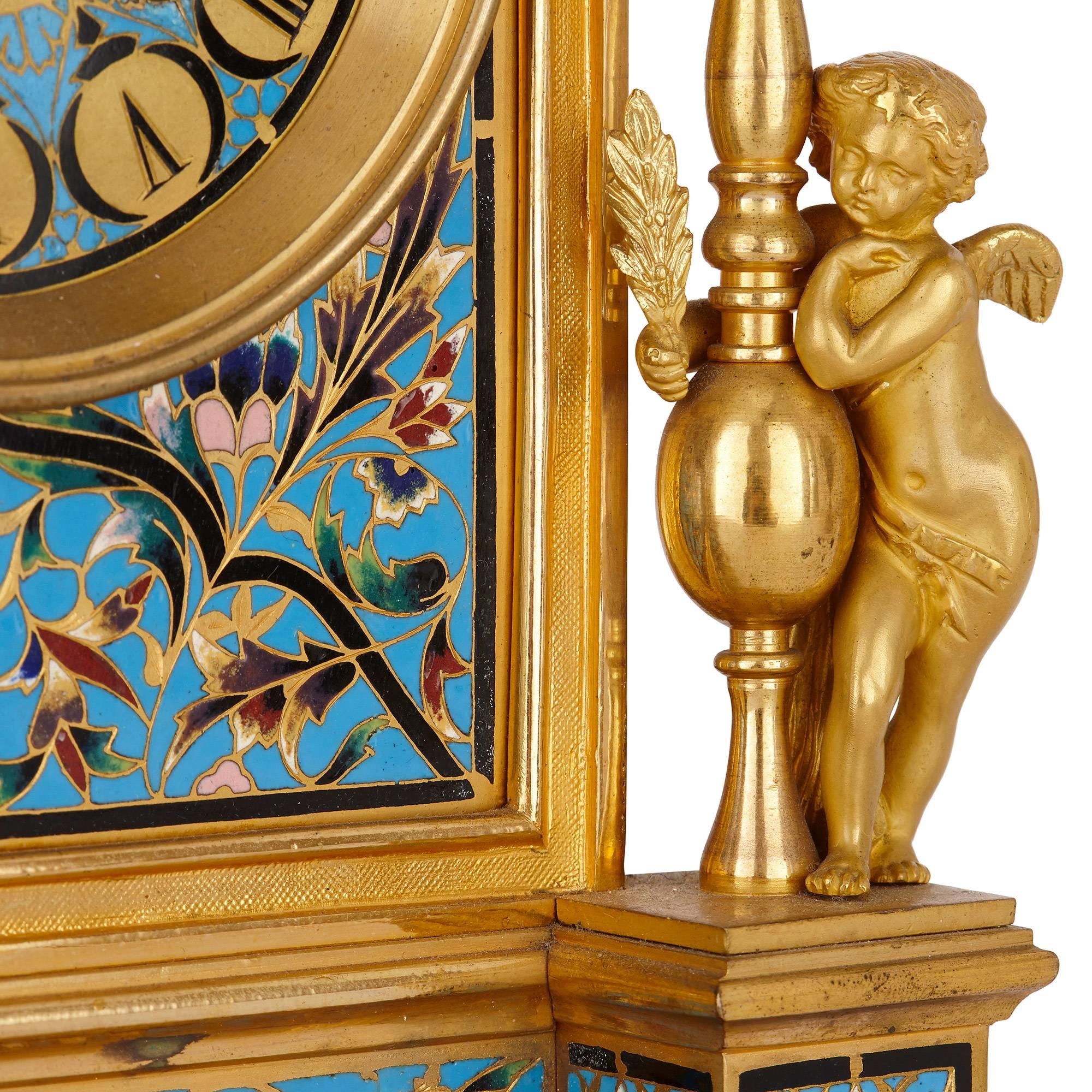 Antique French Neoclassical Style Ormolu and Cloisonne Enamel Clock Set In Good Condition For Sale In London, GB