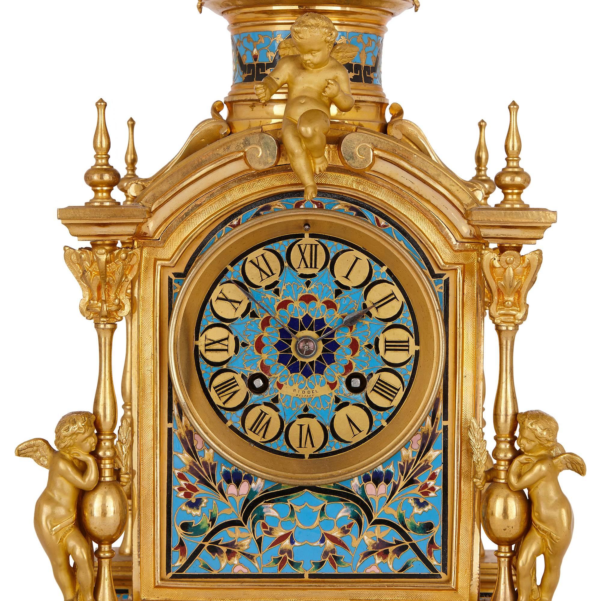 19th Century Antique French Neoclassical Style Ormolu and Cloisonne Enamel Clock Set For Sale