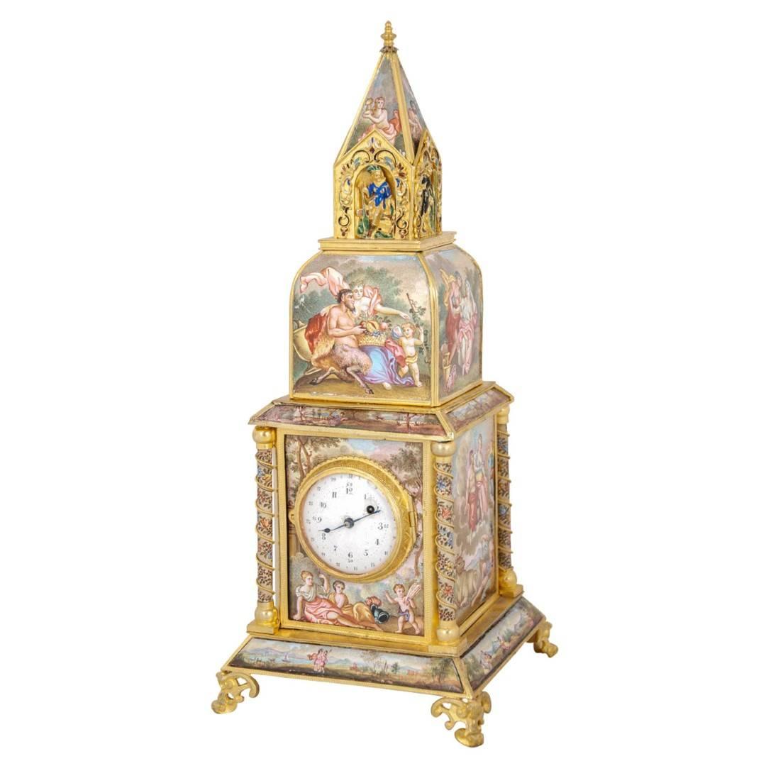 19th Century Viennese Enamel and Silver Gilt Table Clock