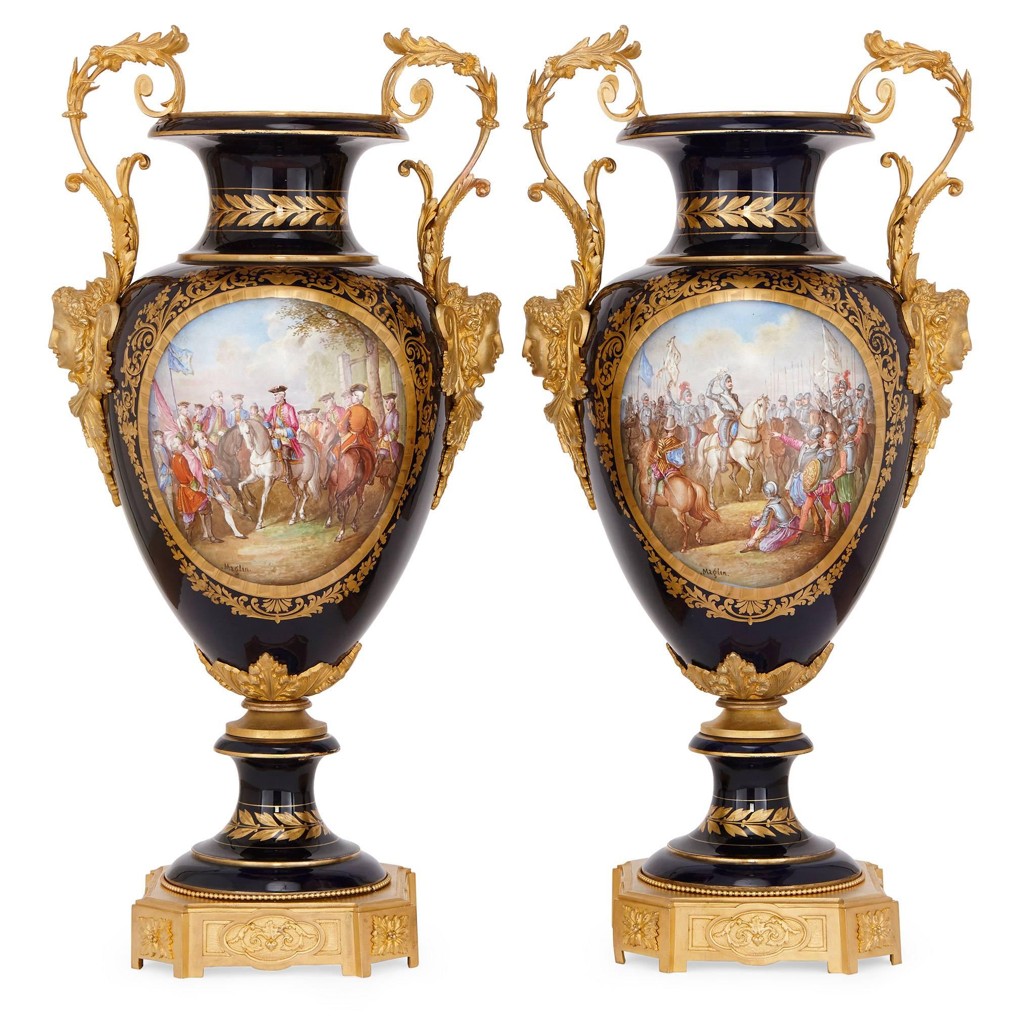 Pair of Antique Gilt Bronze-Mounted Sevres Style Porcelain Vases