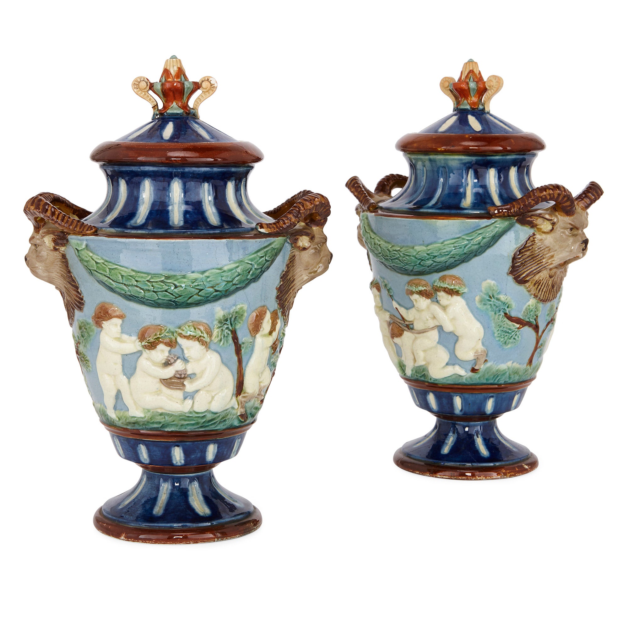 Stunning Pair of Antique French Green Ceramic Vases with Bronze Base