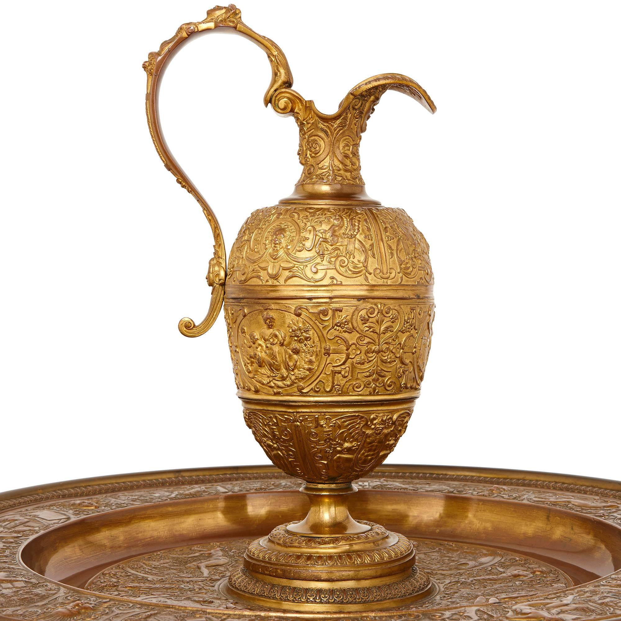 French Gilt and Patinated Bronze Ewer on Stand, Attributed to Barbedienne