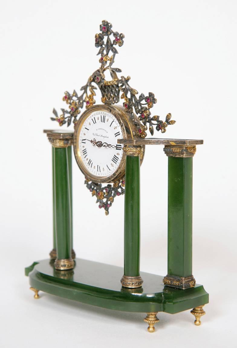 French 19th Century Table Clock with Silver, Nephrite and Precious Stones by Dreyfous For Sale