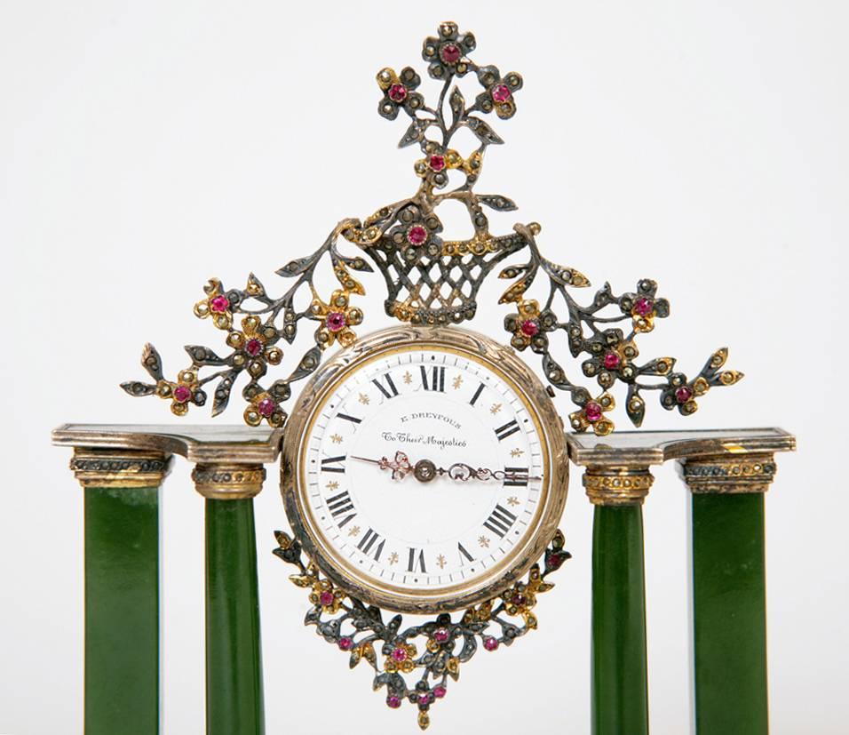 Belle Époque 19th Century Table Clock with Silver, Nephrite and Precious Stones by Dreyfous For Sale