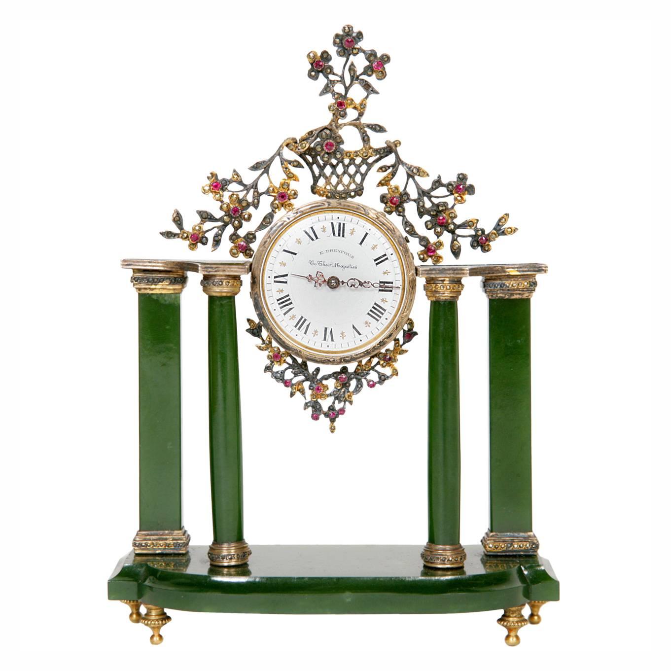 19th Century Table Clock with Silver, Nephrite and Precious Stones