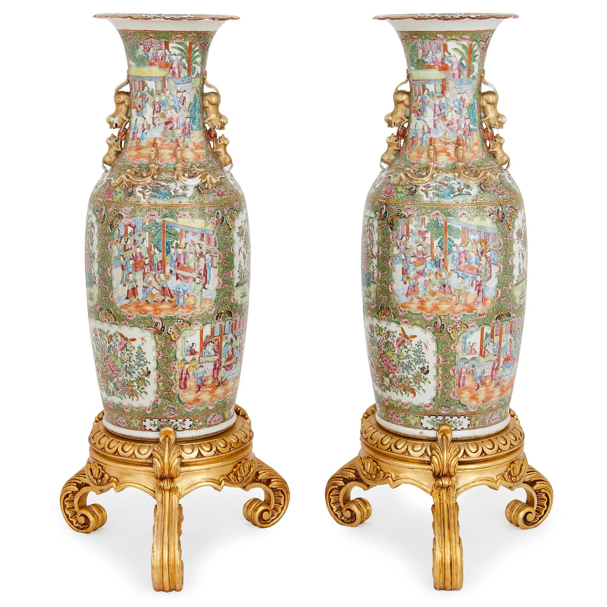 These exquisitely decorated antique Chinese vases beautifully exemplify the country's strong tradition of craftsmanship in the 19th century. Originating in the Canton (Guangdong) region, the ovoid-form vases are crafted from famille rose porcelain,