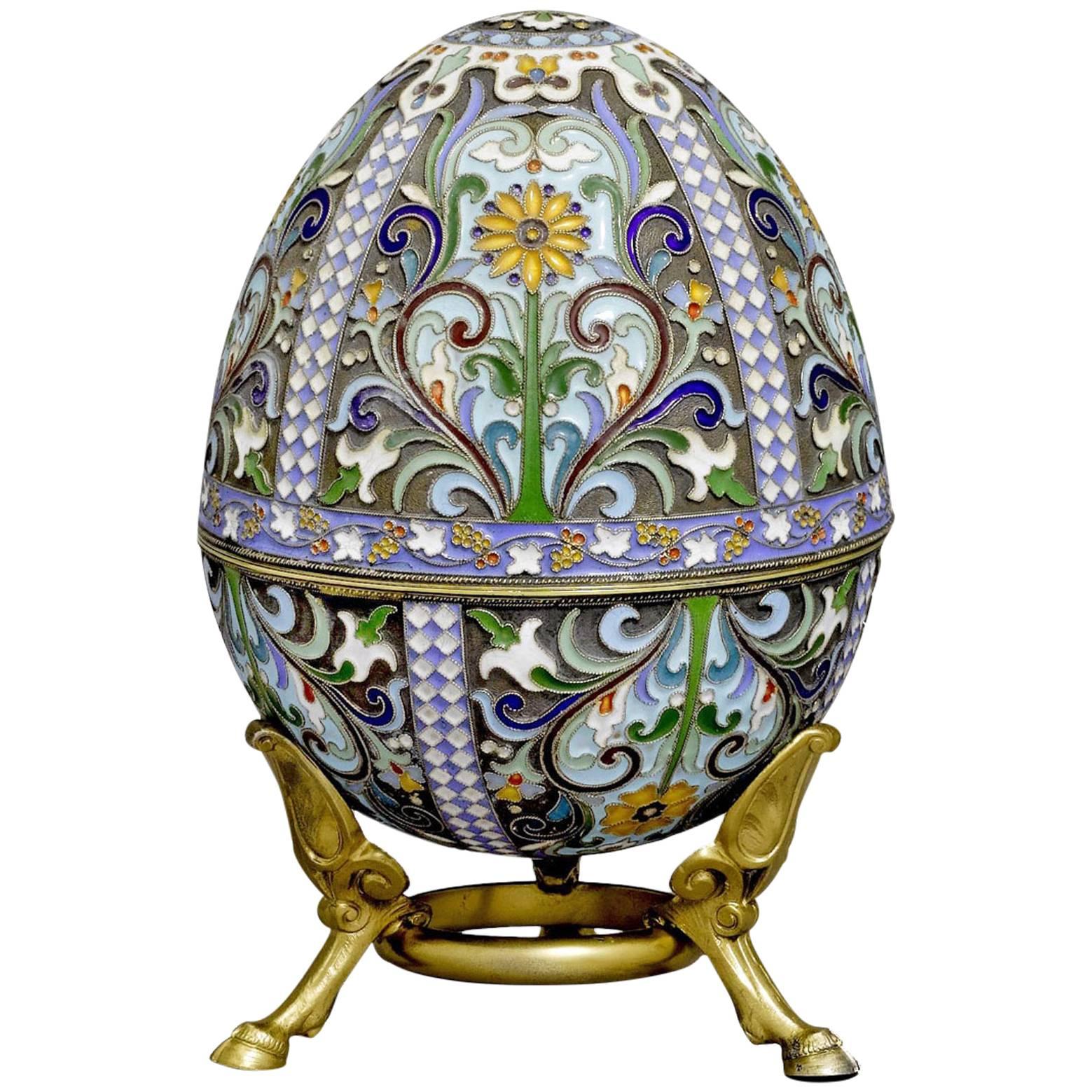 Large Russian Silver Gilt and Cloisonné Enamel Easter Egg