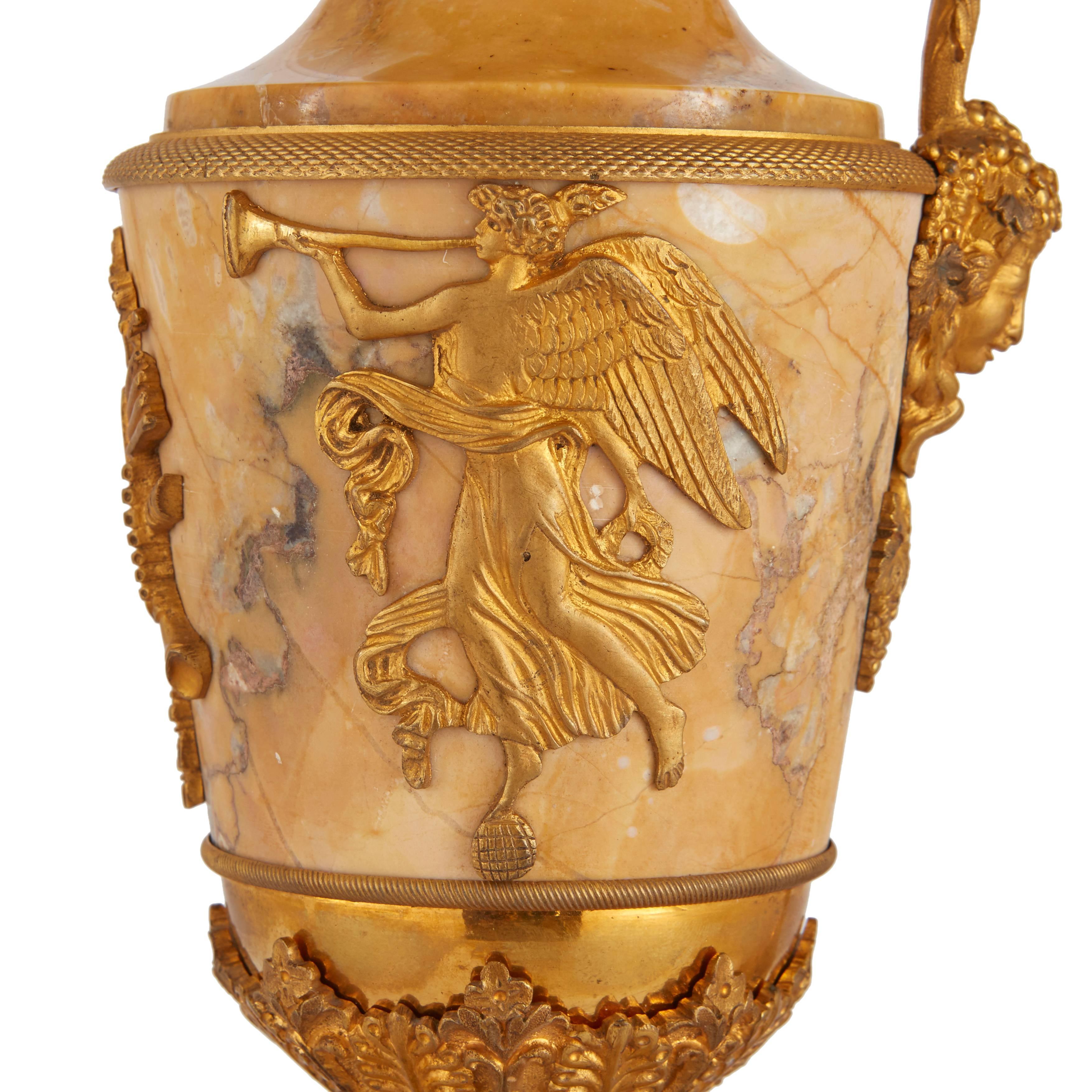 French Pair of Empire Style Ormolu-Mounted Marble Vases