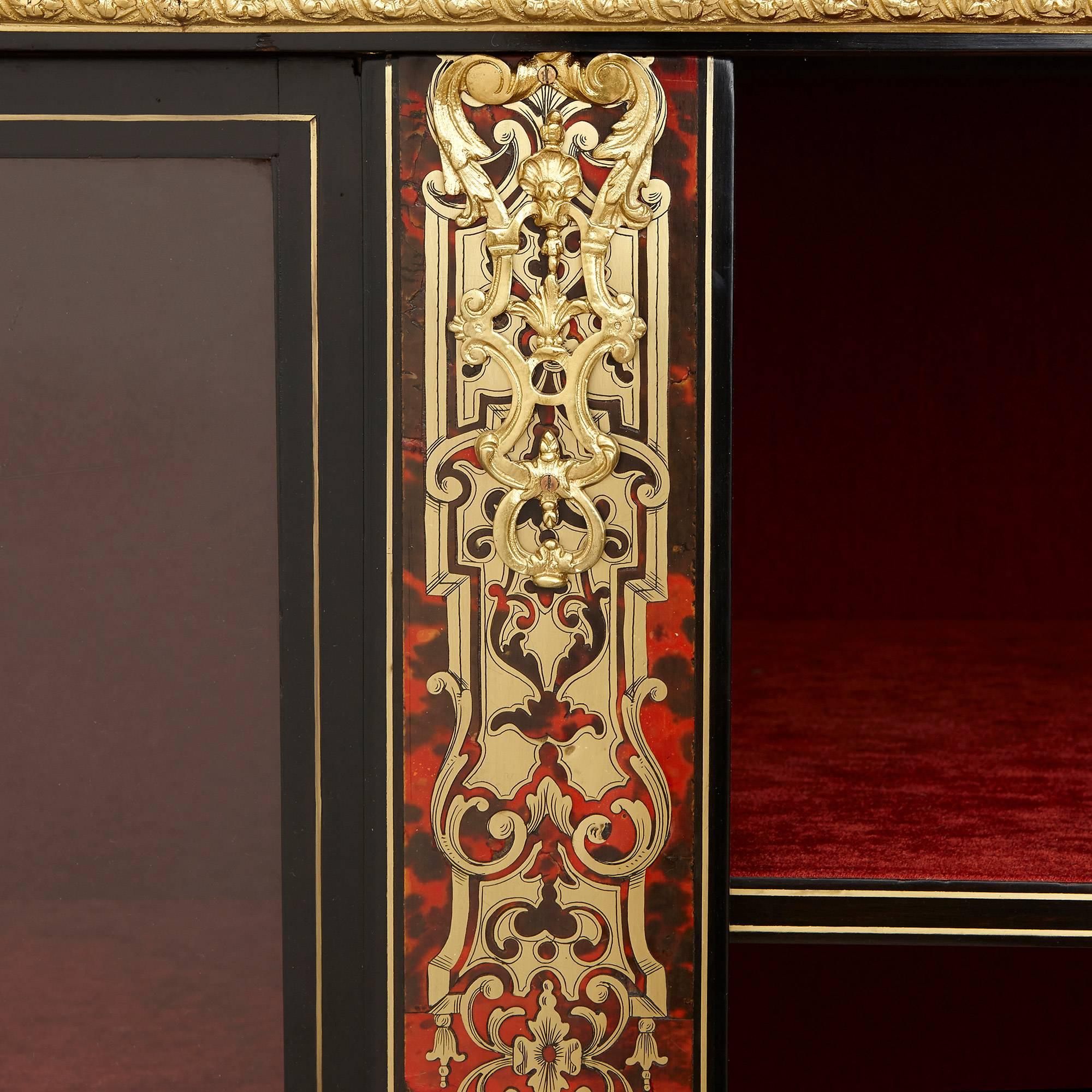 Napoleon III Large gilt bronze mounted ebonized wood and Boulle work antique vitrine cabinet For Sale