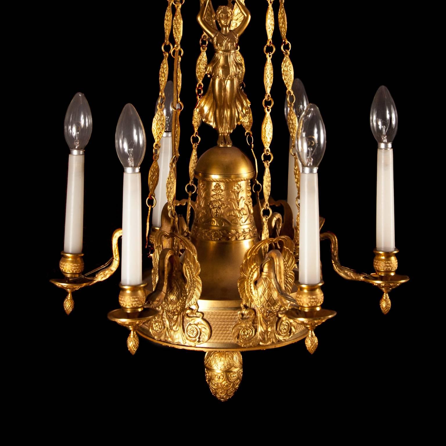 Empire period French gilt bronze six light chandelier For Sale at 1stDibs