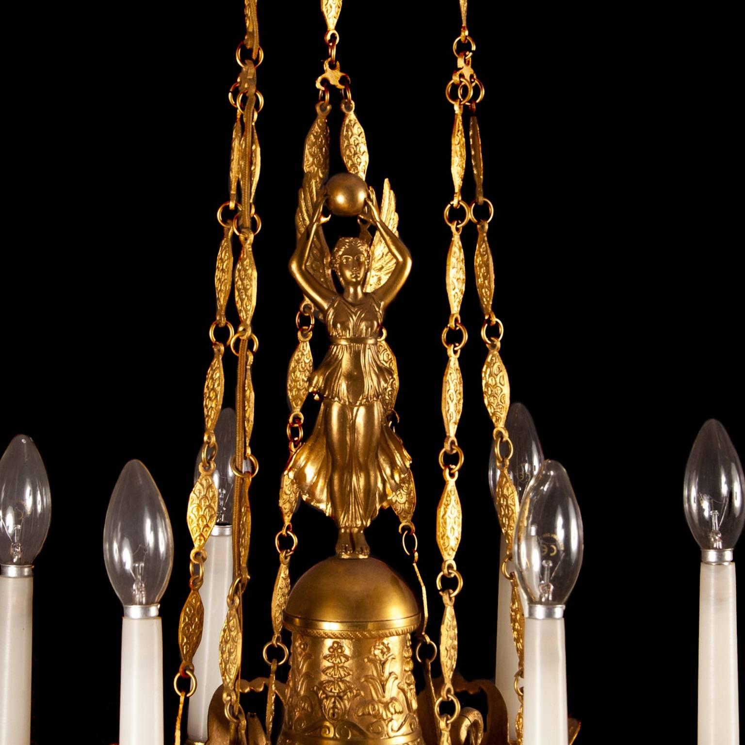 Empire period French gilt bronze six light chandelier For Sale at 1stDibs