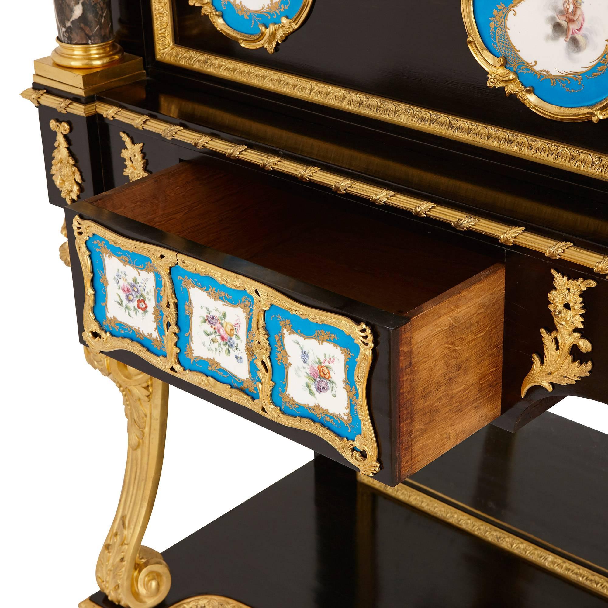 19th Century Pair of Victorian Ormolu, Marble and Porcelain Secretaires
