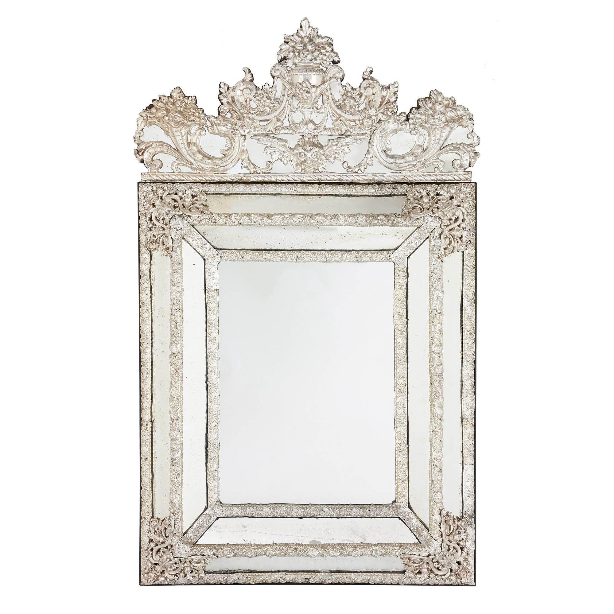 Large rectangular antique silvered French mirror in the Baroque style