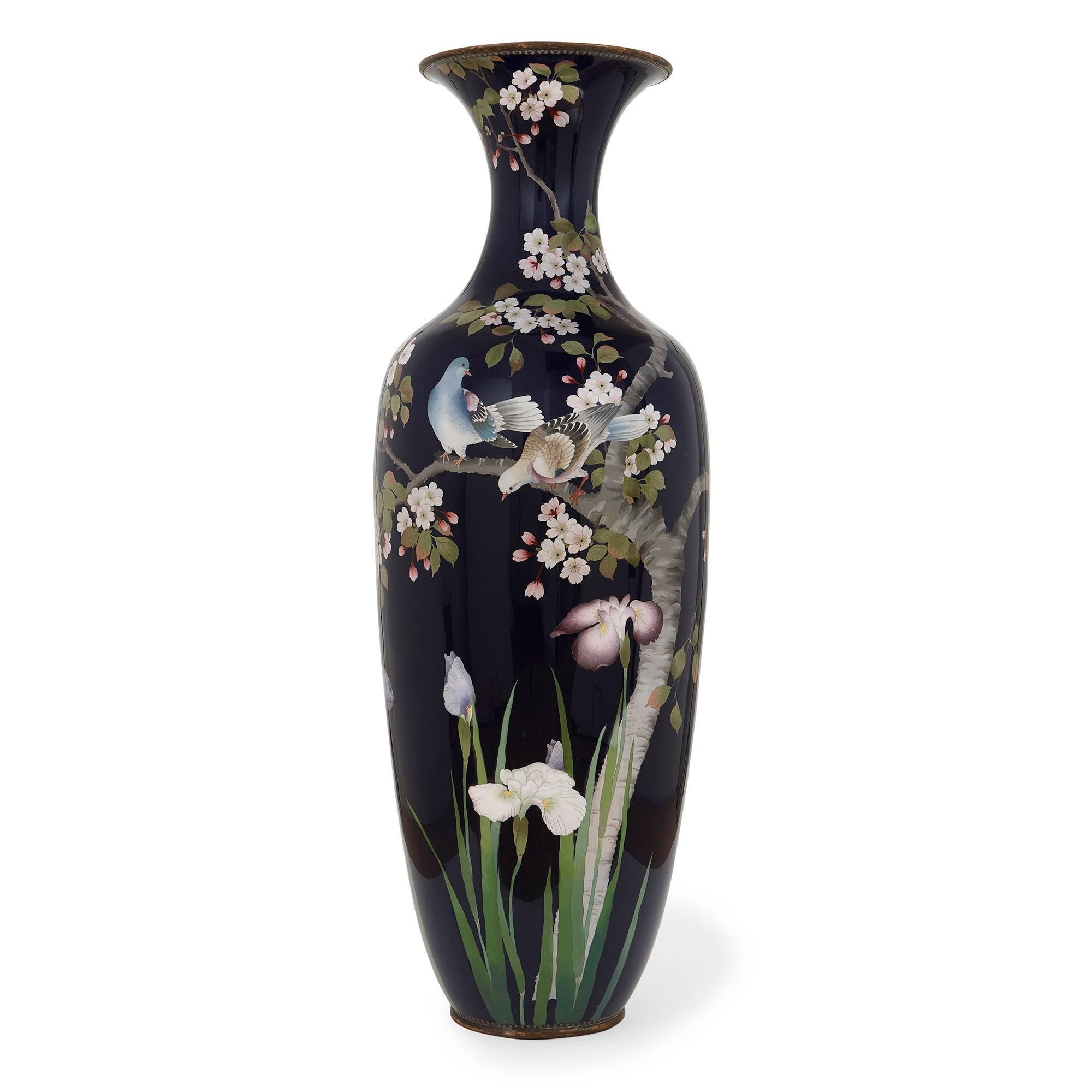 Vase of ovoid form, finely decorated with iris flowers, trees and birds.