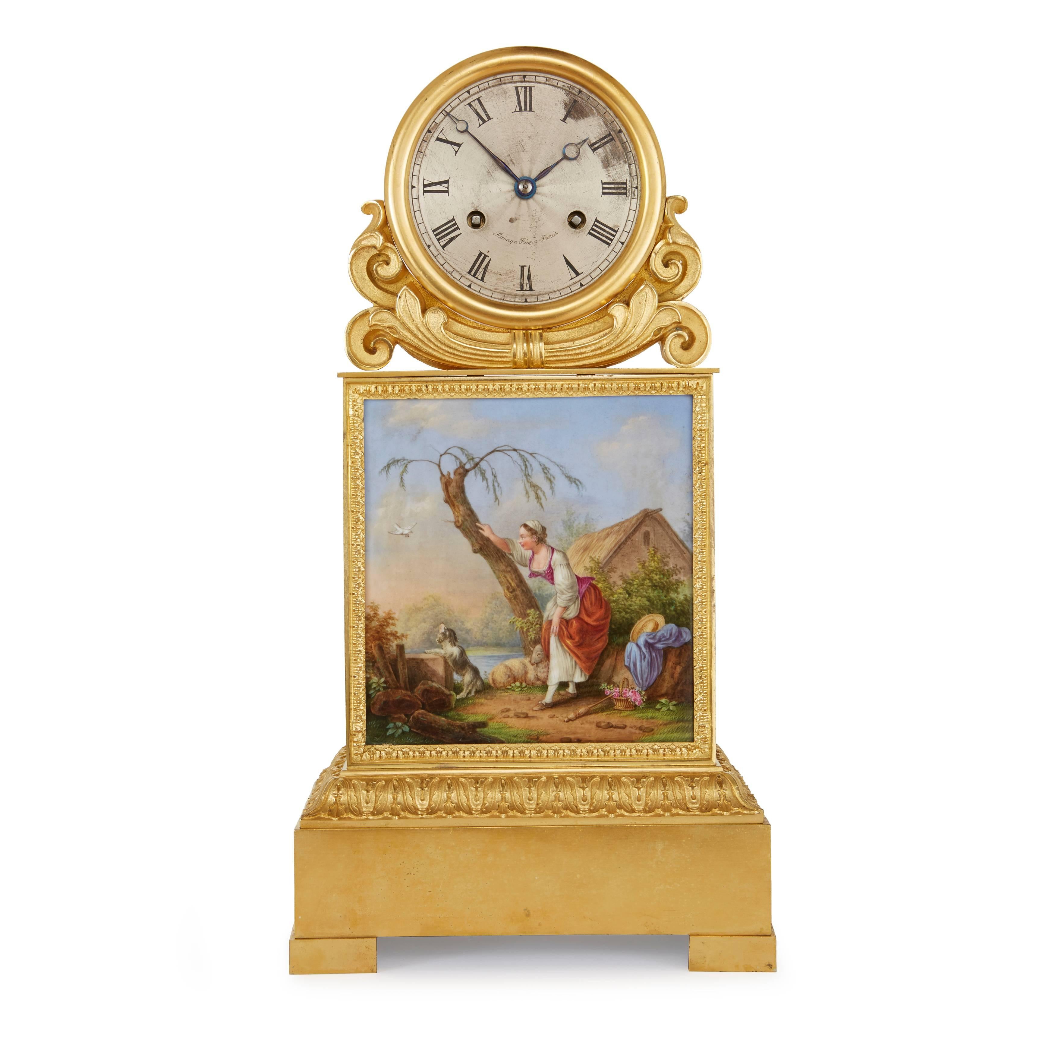 The rectangular case inset with a finely painted plaque depicting a shepherdess in a rural landscape, the silvered dial signed Raingo Frères a Paris, similarly signed bell striking Pons movement silk suspension and outside count wheel, the reverse