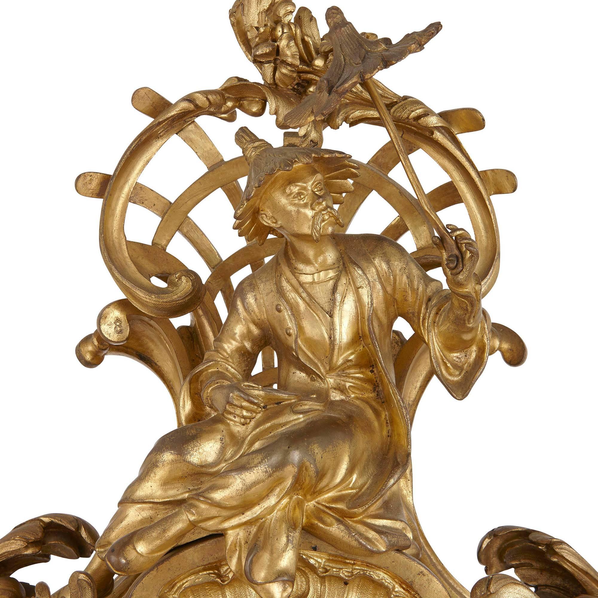 French Louis XV ormolu mantel clock by Charles du Tertre, in the Chinoiserie style For Sale