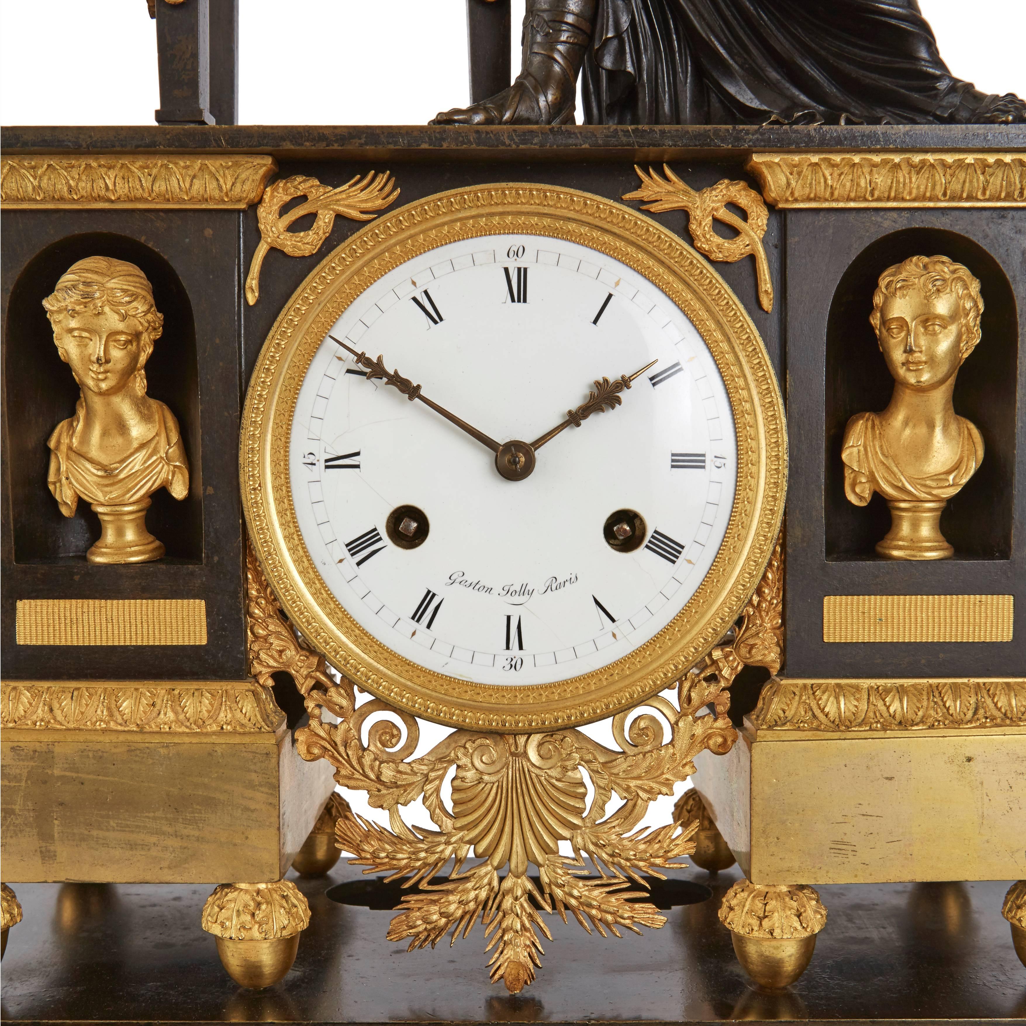 19th Century Gilt and Patinated Bronze Empire Period Mantel Clock by Gaston Jolly For Sale