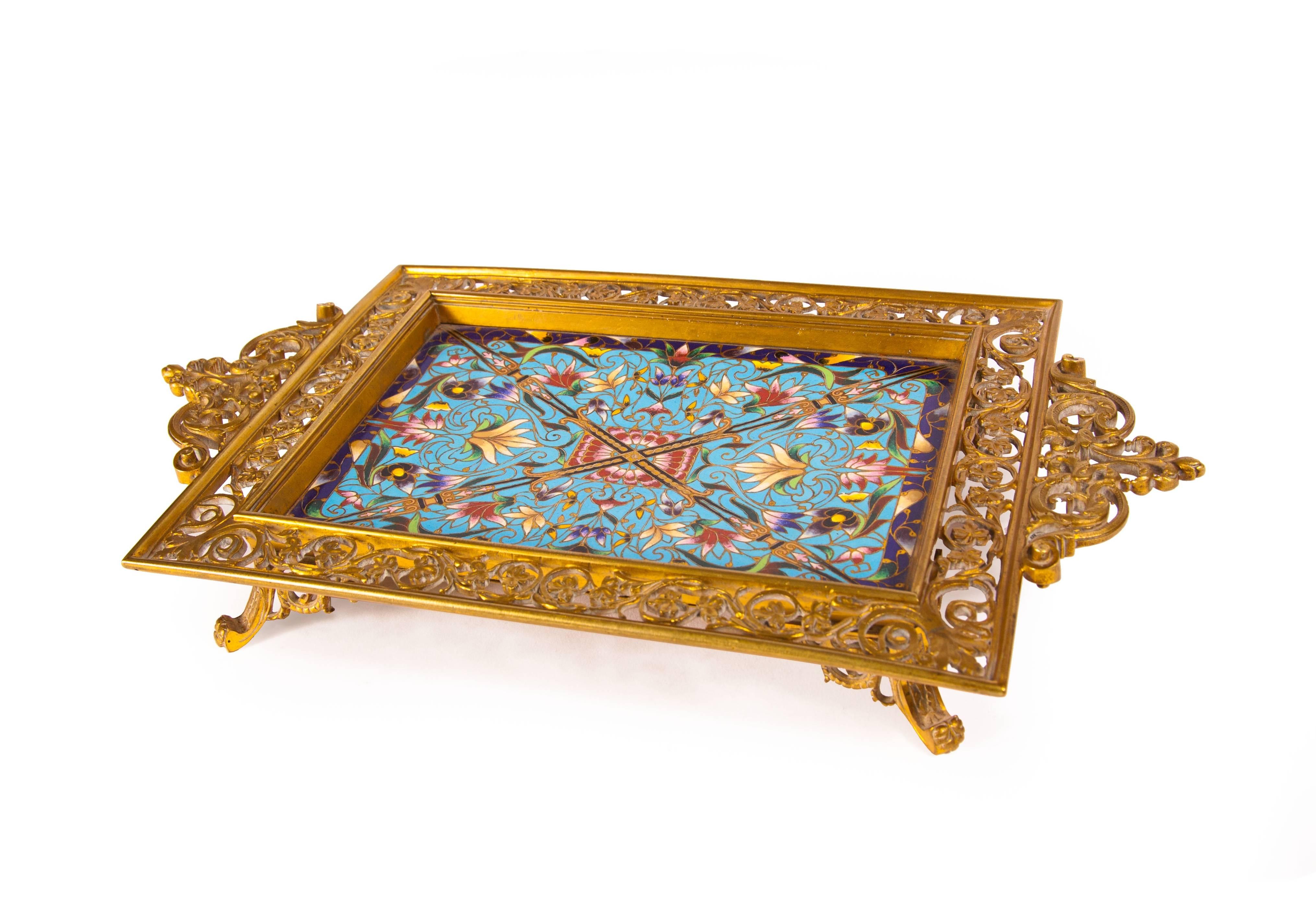 Arts and Crafts Gilt Metal Champleve Enamel Rectangular Tray