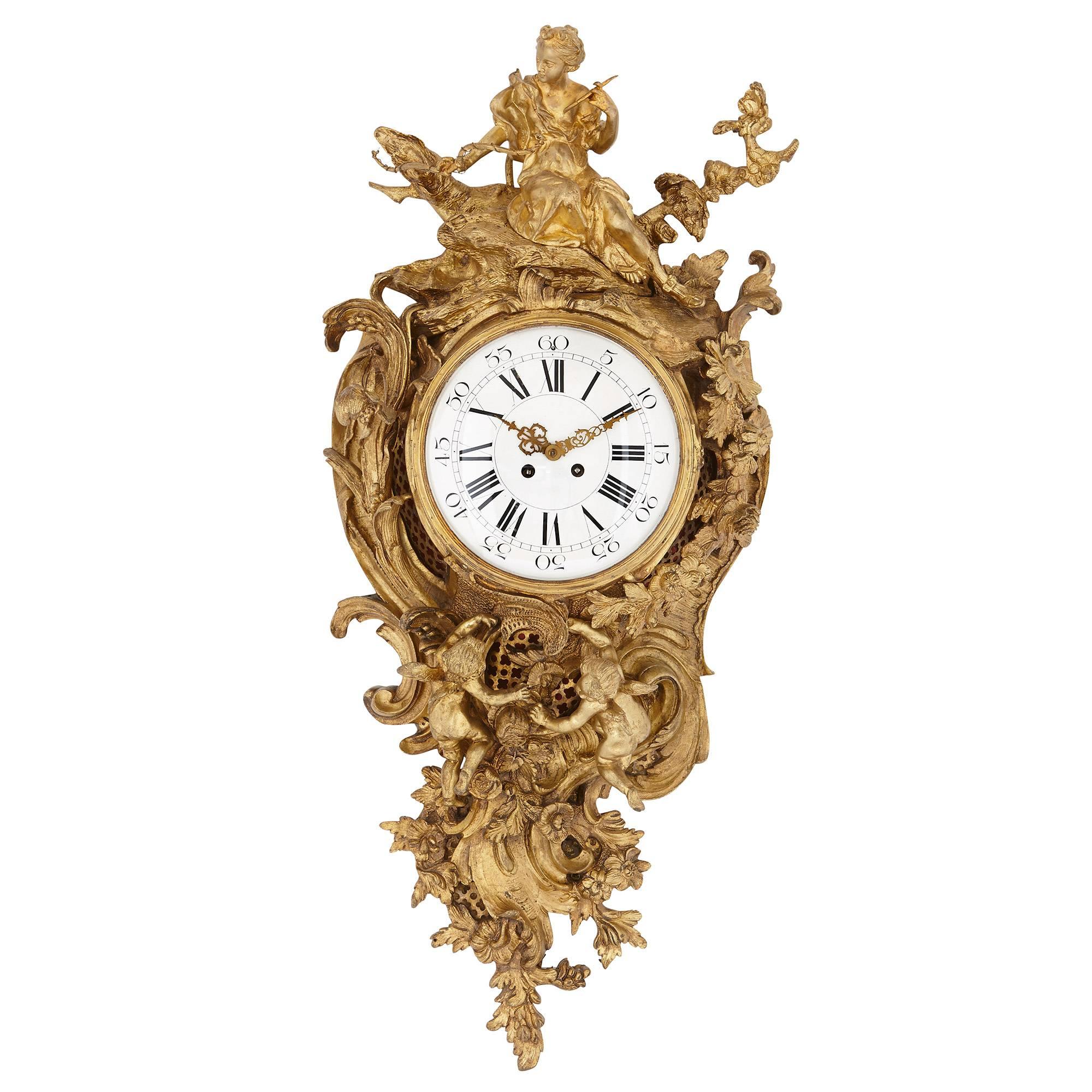 Large antique gilt bronze French cartel clock in the Louis XVI style 