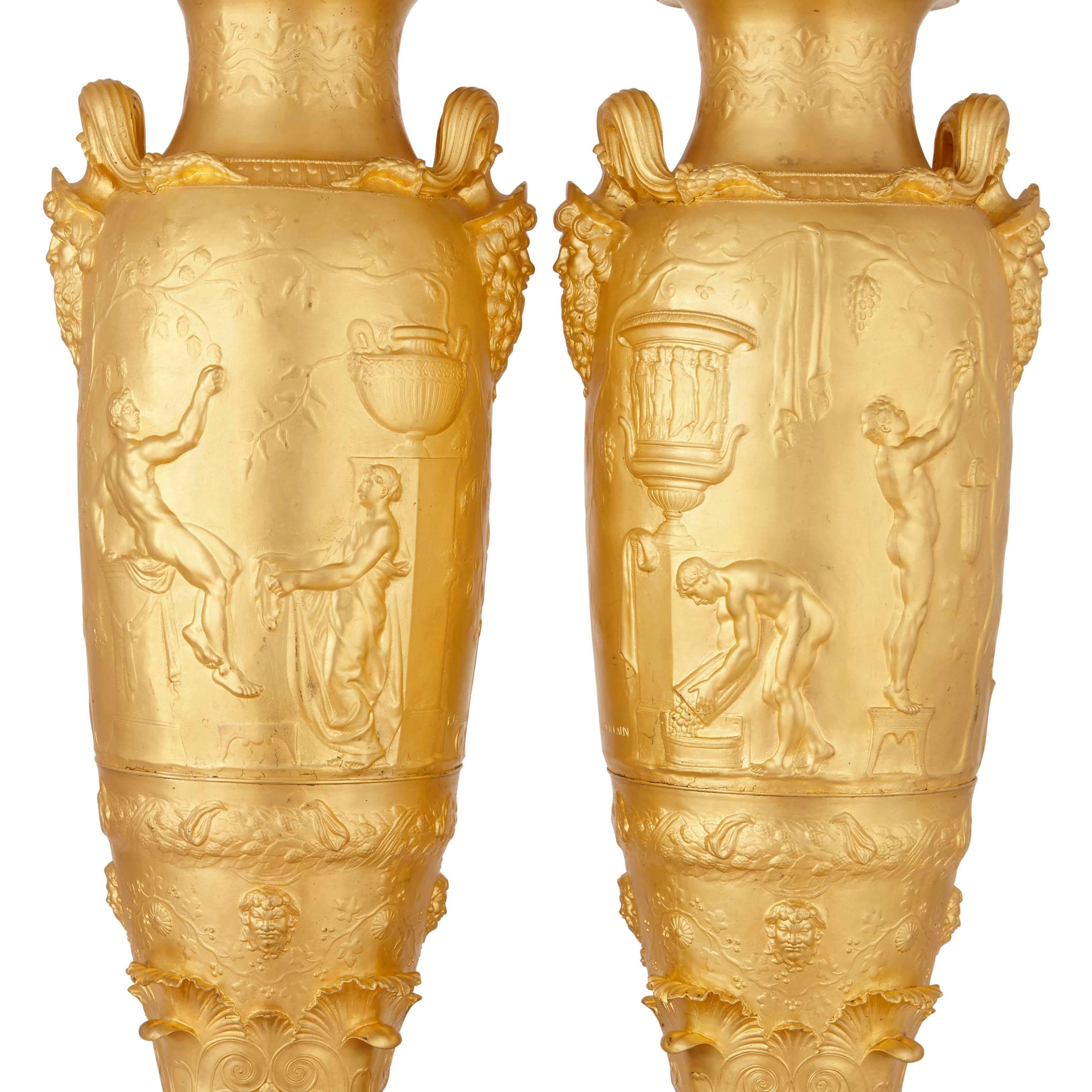 French Large and important pair of gilt bronze vases by Levillain and Barbedienne