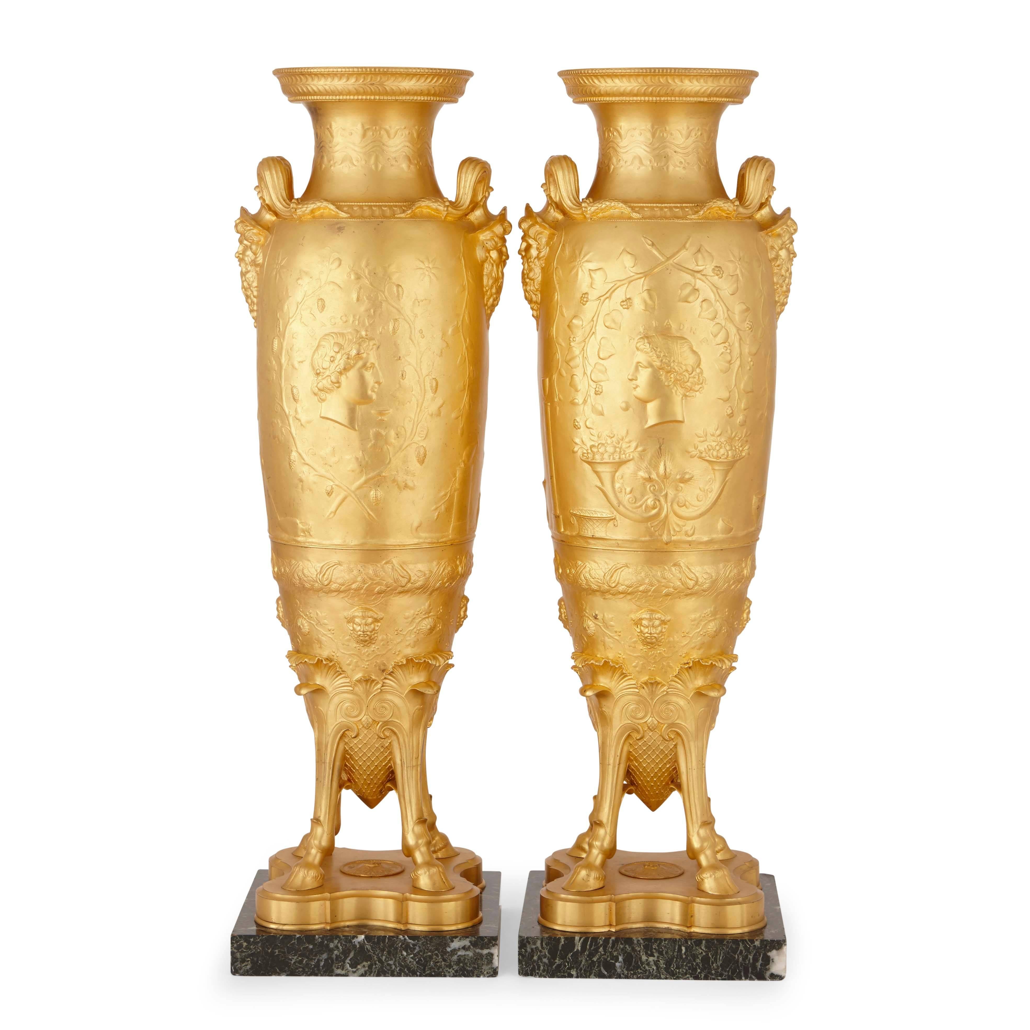 Classical Roman Large and important pair of gilt bronze vases by Levillain and Barbedienne