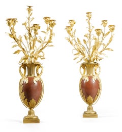 Large Pair of Louis XVI Style Ormolu Mounted Red Marble Six-Light Candelabra