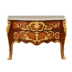 Rococo style ormolu mounted kingwood, rosewood French commode with marble top