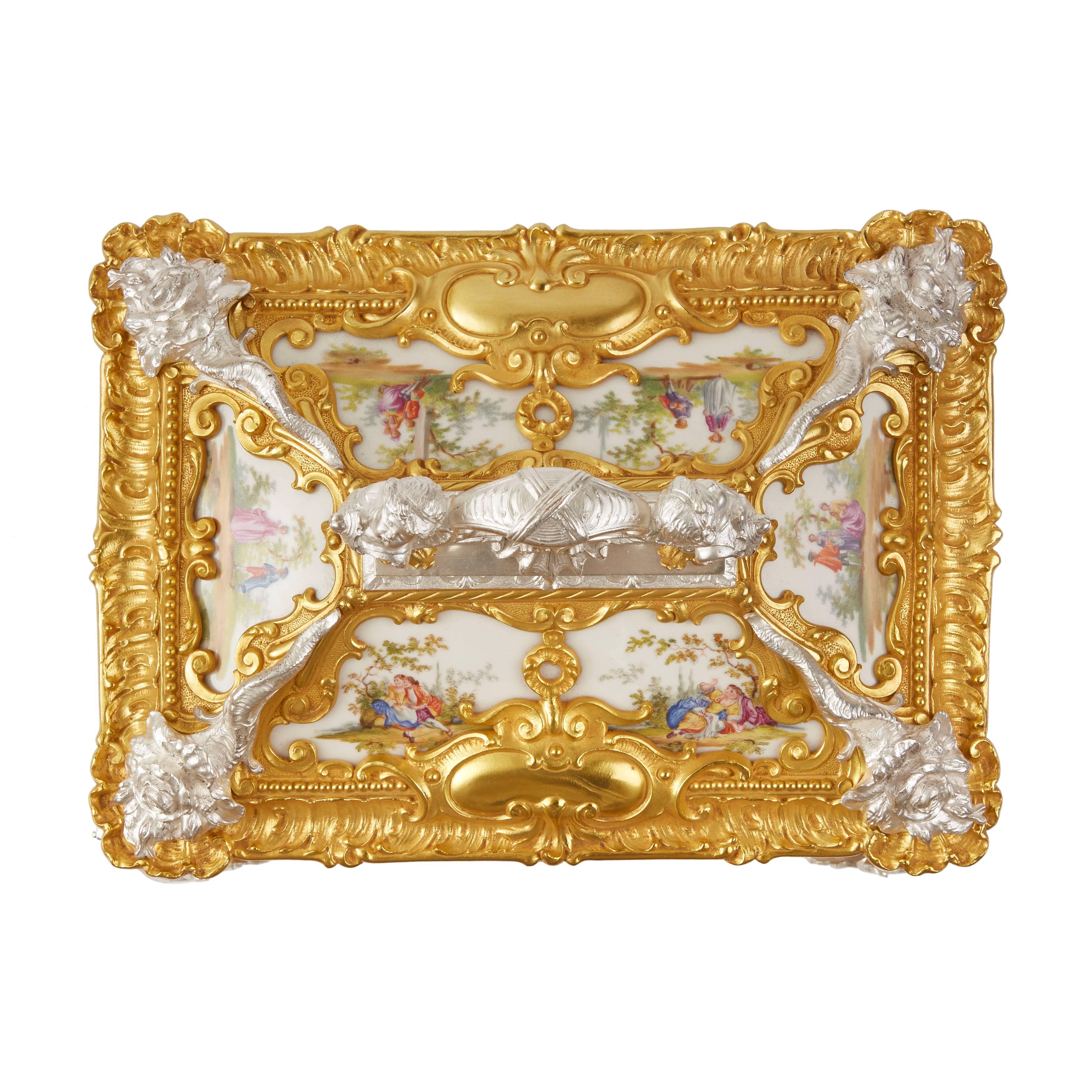 19th Century Louis XVI Style Silvered and Gilt Bronze Mounted KPM Porcelain Casket